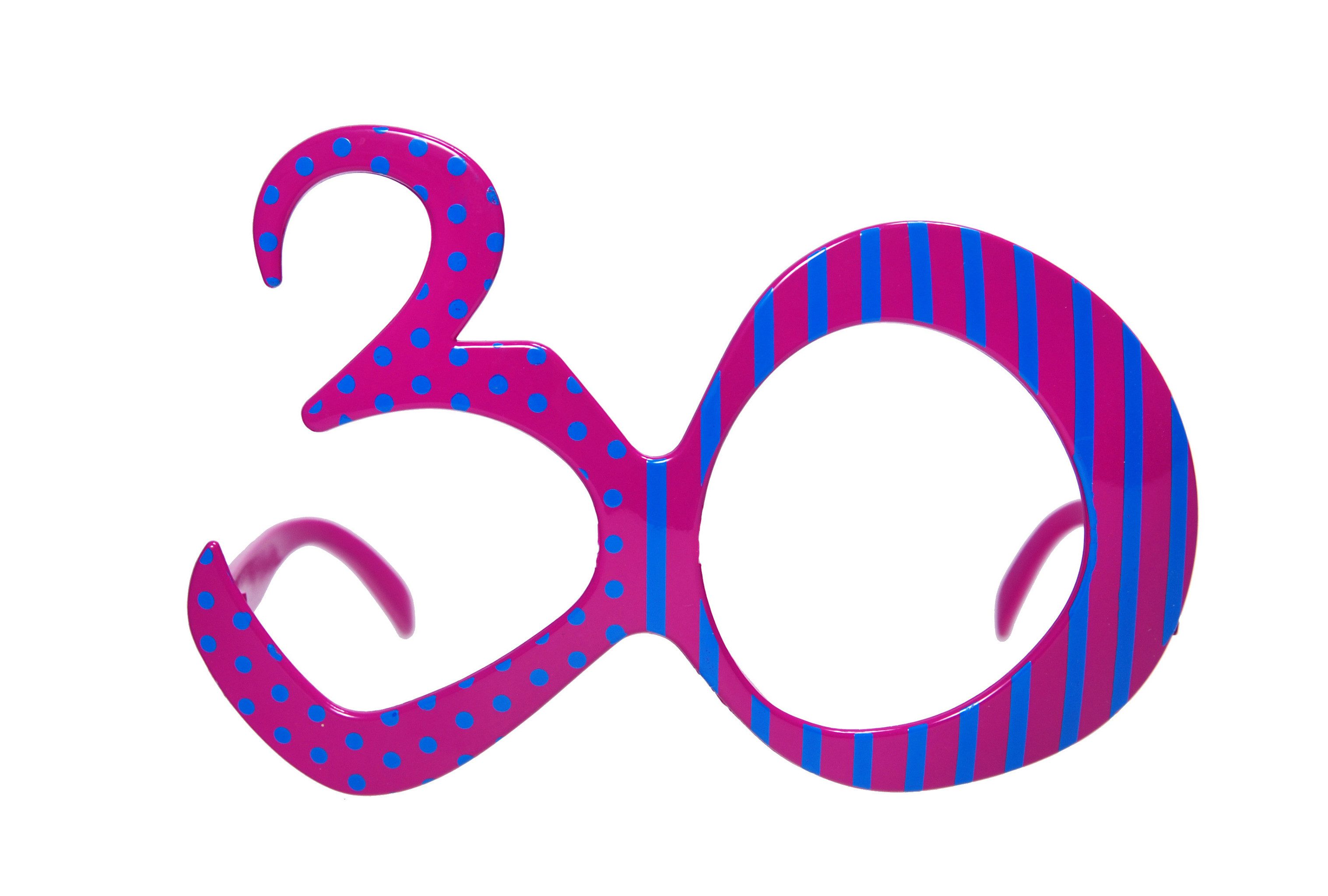 partydeco Kostüm, Partybrille für 30. Geburtstag gestreift und gepunktet Pink Blau
