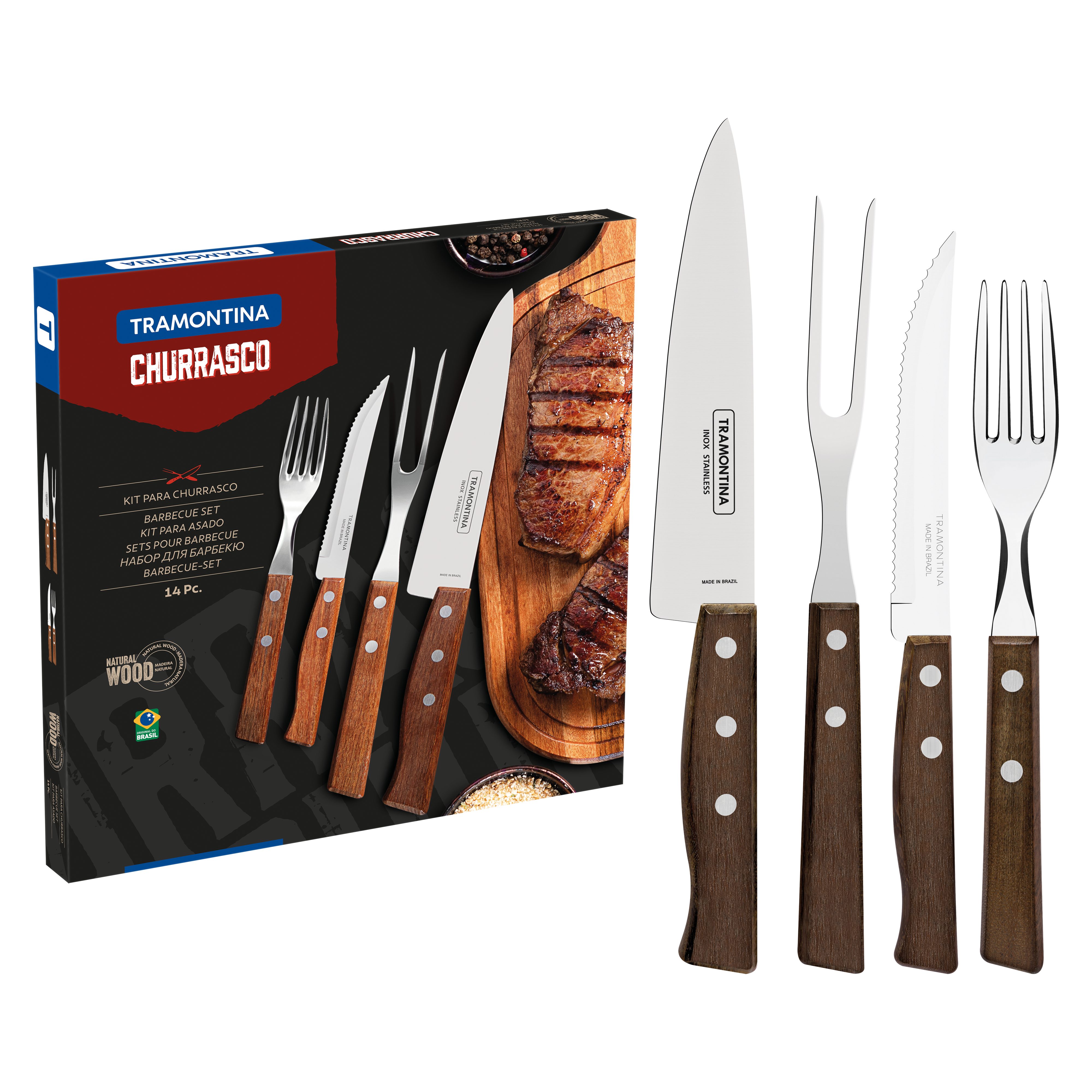 Tramontina Steakbesteck TRADICIONAL Grillbesteck, 6x Steakmesser, 6x Steakgabeln (14-tlg), 6 Personen, Edelstahl, 14-tlg., rostfreier Edelstahl, Holzgriff, inkl. Tranchierbesteck