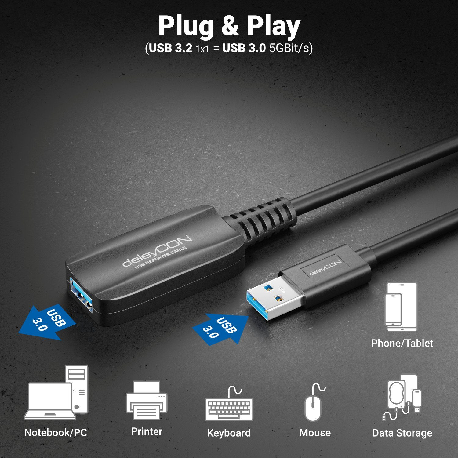 deleyCON deleyCON 5m Aktive USB Verlängerung USB 3.2 Gen1 mit 5GBit/s USB-A  USB-Kabel, Anschluss: USB3.0 A-Stecker zu USB3.0 A-Buchse
