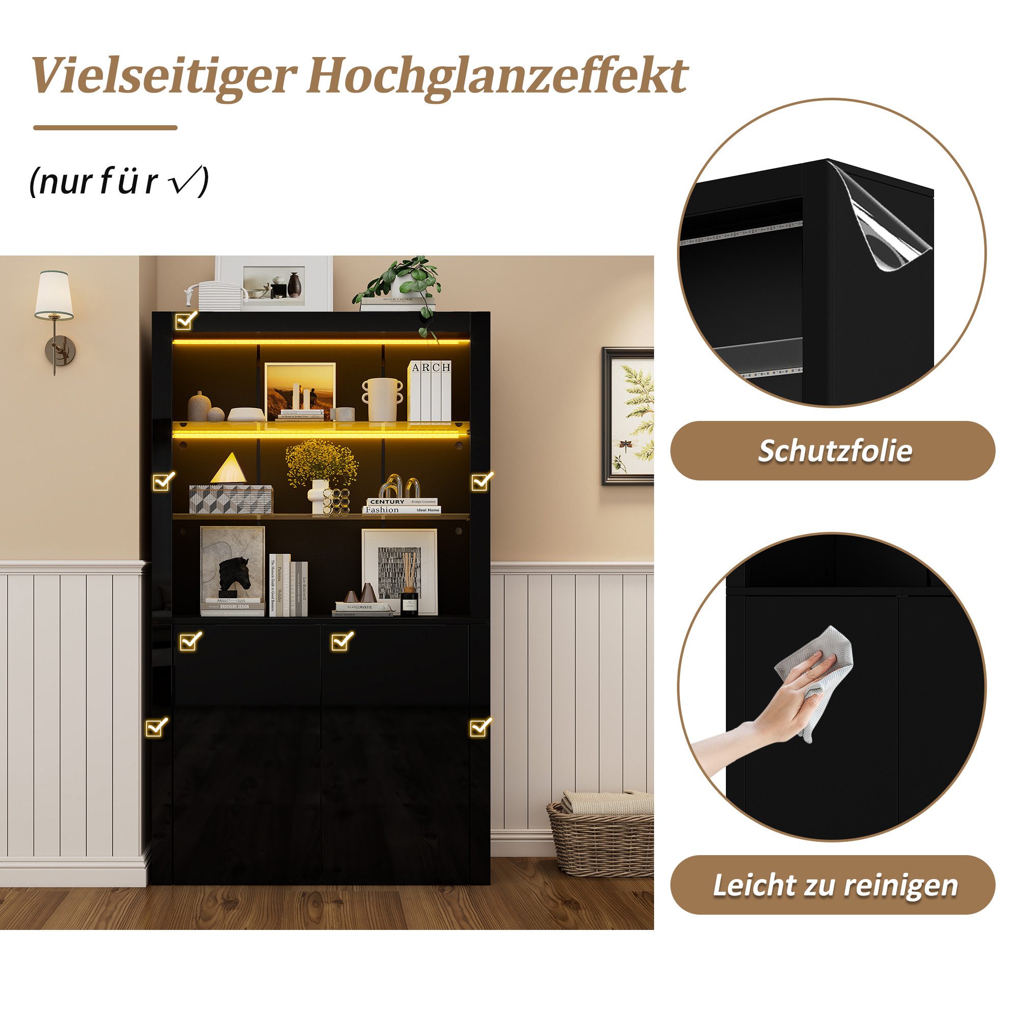 OKWISH Vitrine Hochglanz-Aufbewahrungsschrank (Sideboard, Wohnzimmerschrank, Organizer, 1-St., Displayschicht aus gehärtetem Glas) mit LED-Leuchten