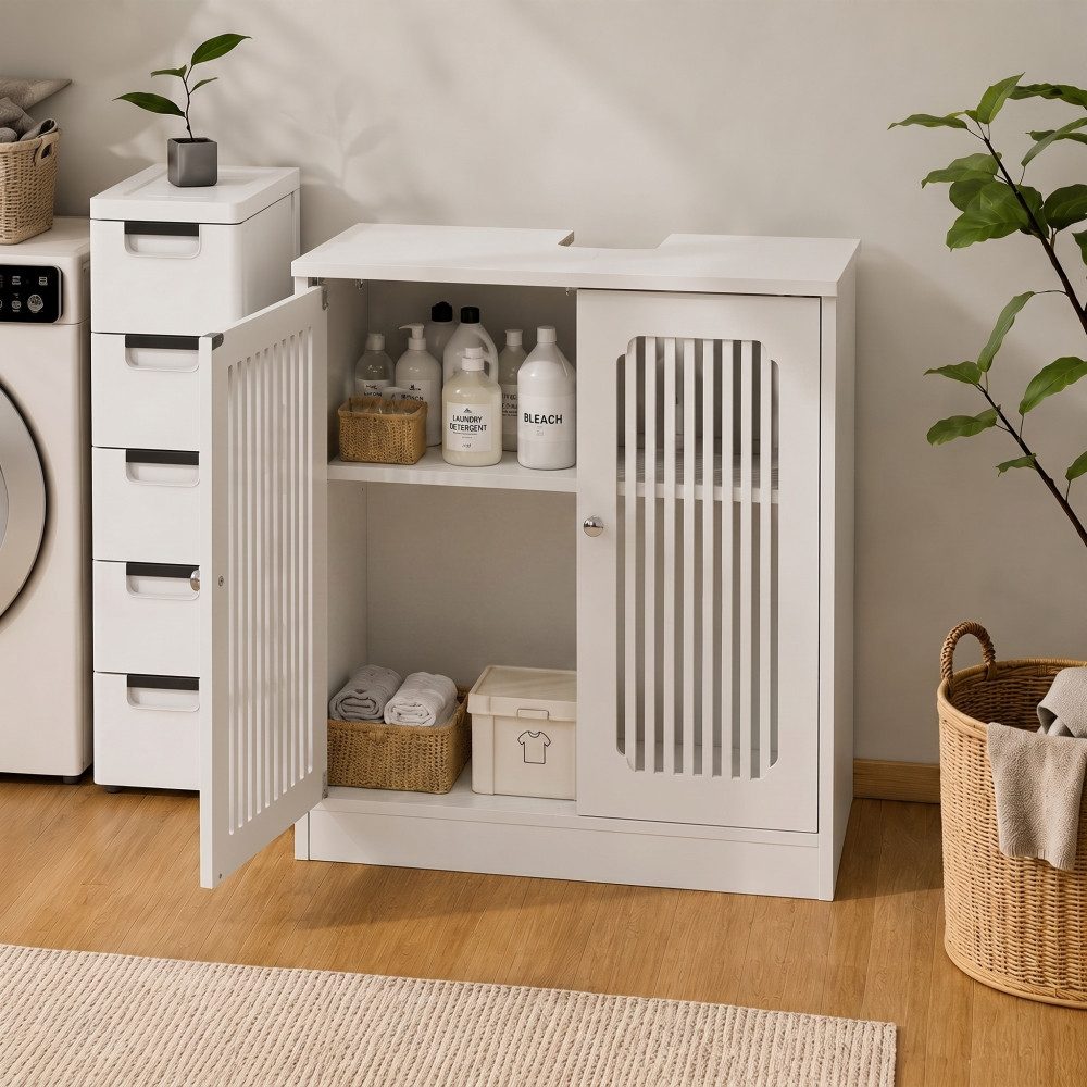 BBWL Beistellschrank ohne Waschbecken, mit 2 Lamellentüren, verstellbarer Ablage Waschtischunterschrank 60×30×60 cm, Badschrank m, Weiß
