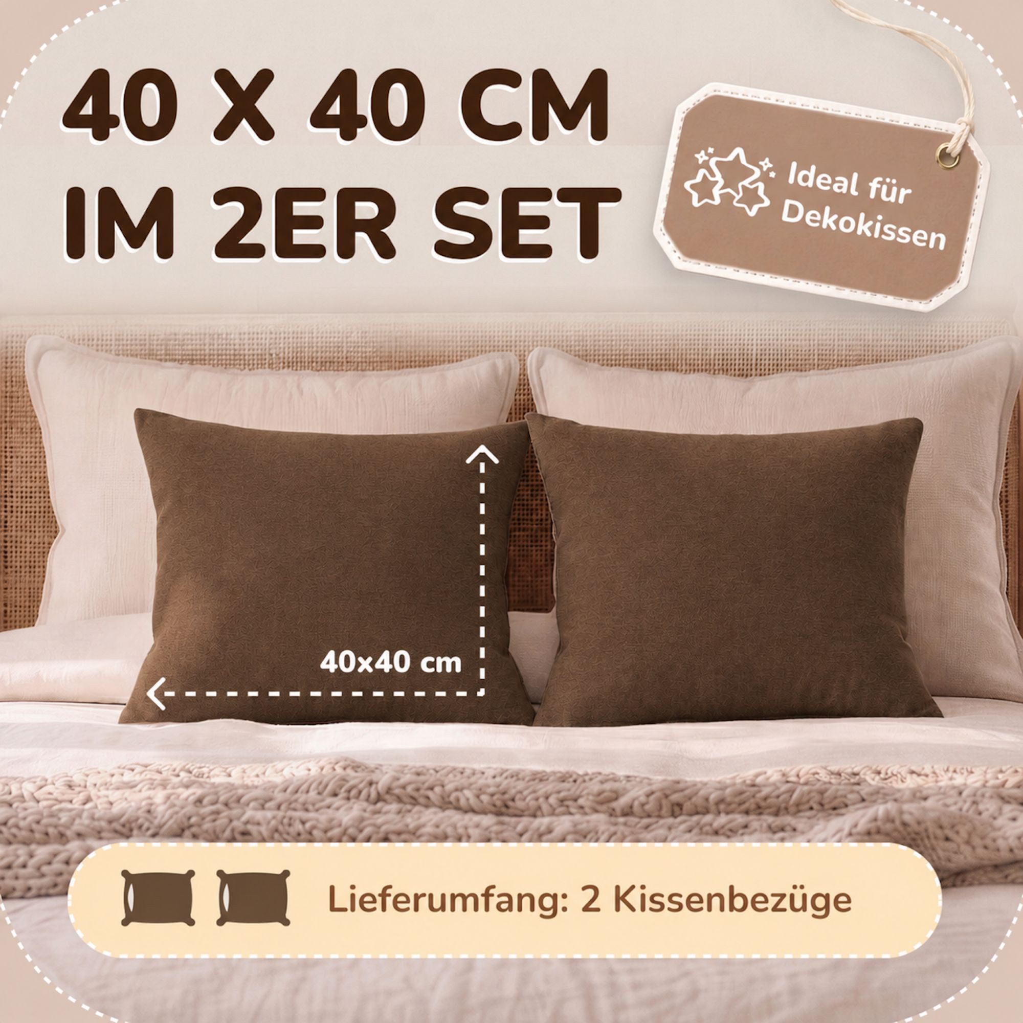 leevitex® Kissenbezüge Kissenbezug 40 x 40 cm, 2er Set, Schokobraun/Dunkelbraun, (2 Stück), feine Jersey-Qualität, 100% Baumwolle, robuster Reißverschluss