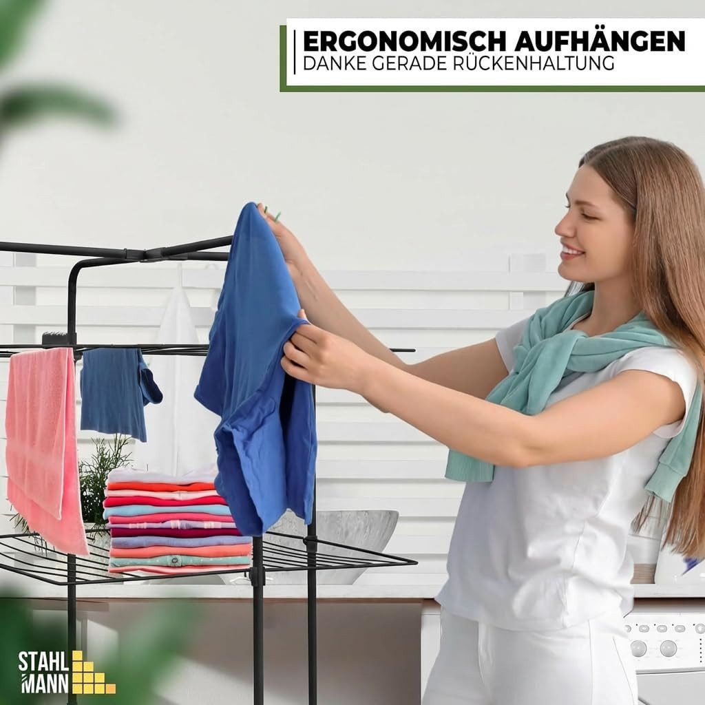 STAHLMANN COMMERCE GmbH Turmwäscheständer 30 m Trockenfläche, 3 Etagen, mit Rollen, platzsparend, schwarz, 3 Etagen mit 30 m Trockenfläche
