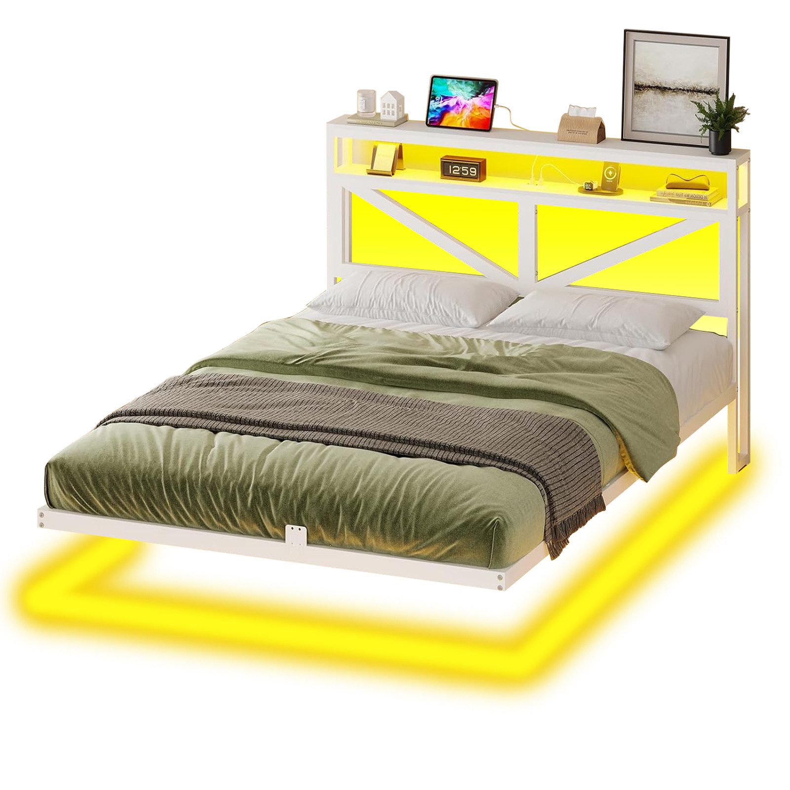 MSMASK Metallbett Modernes Schwebendes Bettrahmen mit USB-Ladeanschluss (Ohne Matratze), Bettgestell 160x200cm