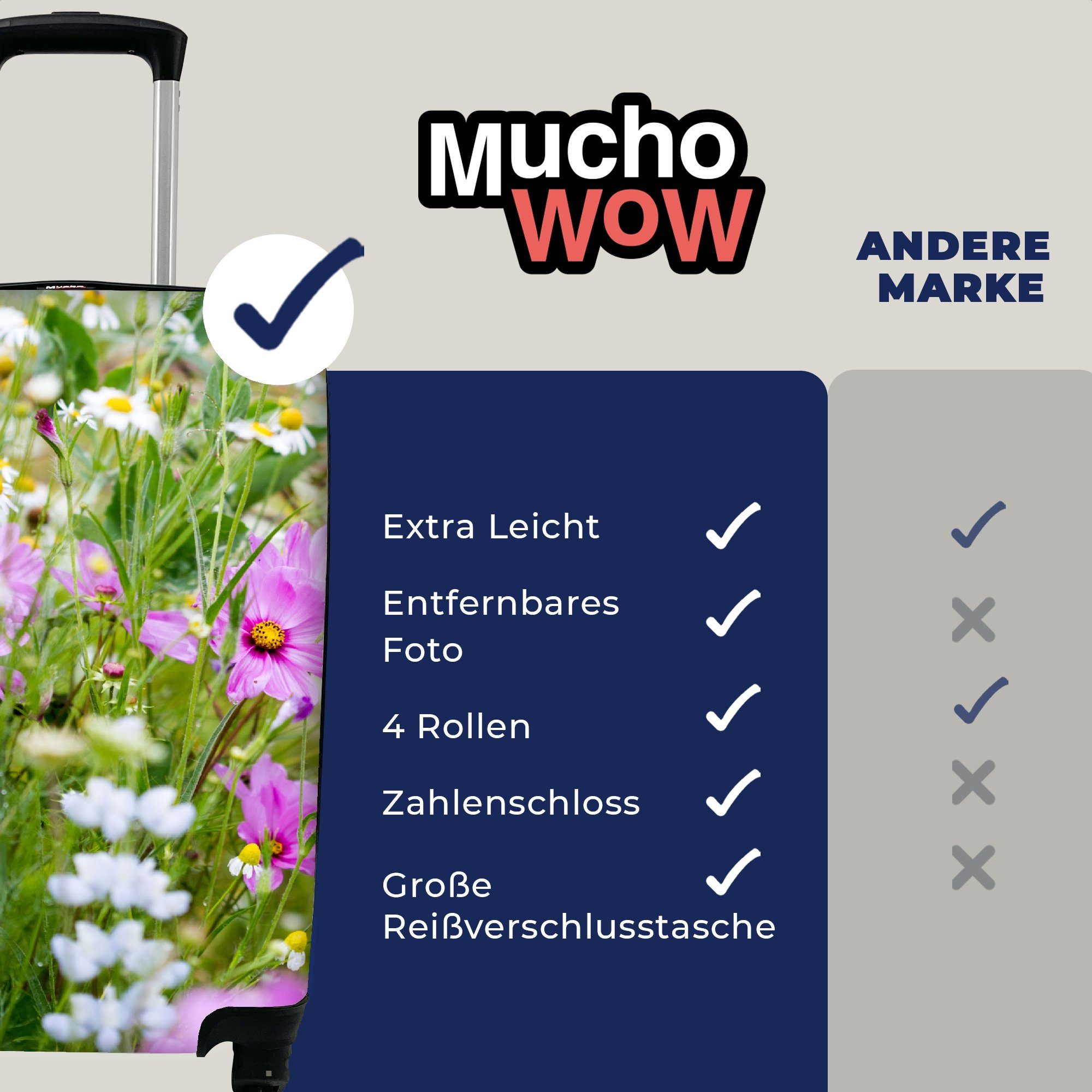 MuchoWow Handgepäckkoffer Blumen - Natur Trolley, Rollen, Ferien, für - Weiß, - - Handgepäck Reisetasche rollen, Lila 4 Grün Gras mit Reisekoffer 