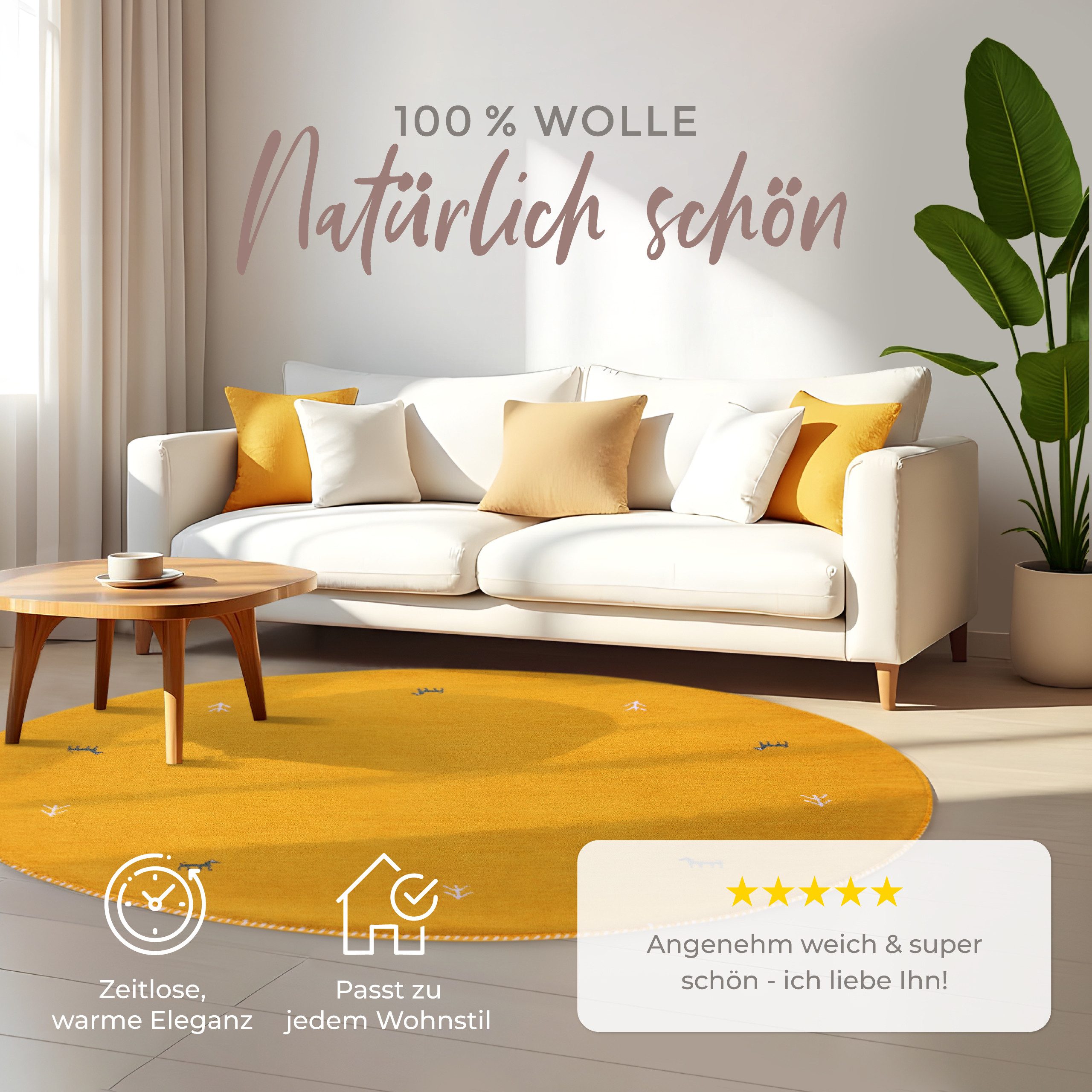 carpetfine Wollteppich Gabbeh Uni, rund, Höhe: 15 mm, reine Wolle handgewebt, Gabbeh Tiermotiv warmes Raumklima viele Größen