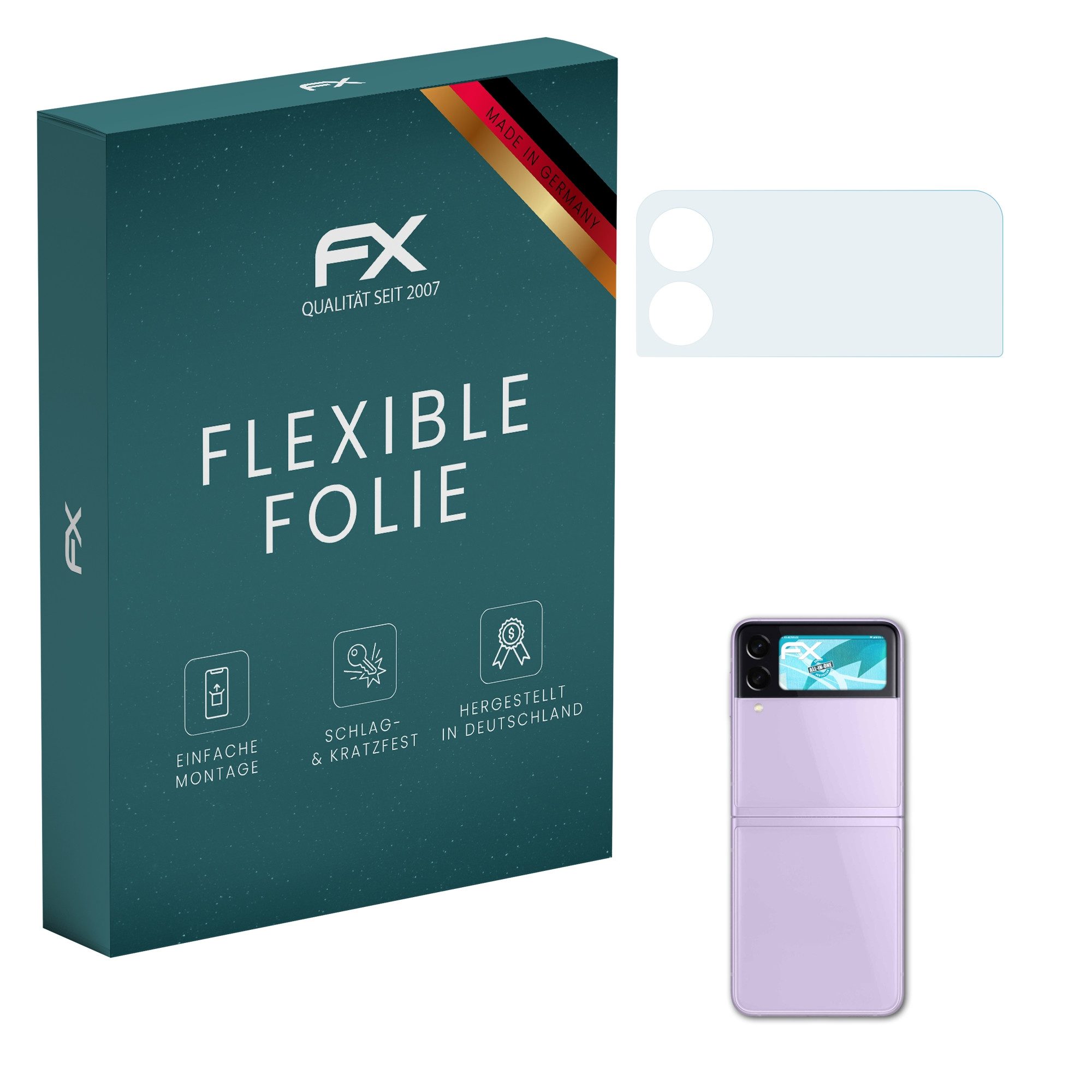 atFoliX Schutzfolie Displayschutzfolie für Galaxy Z Flip3 5G Lens, (3 Folien), Ultraklar und flexibel