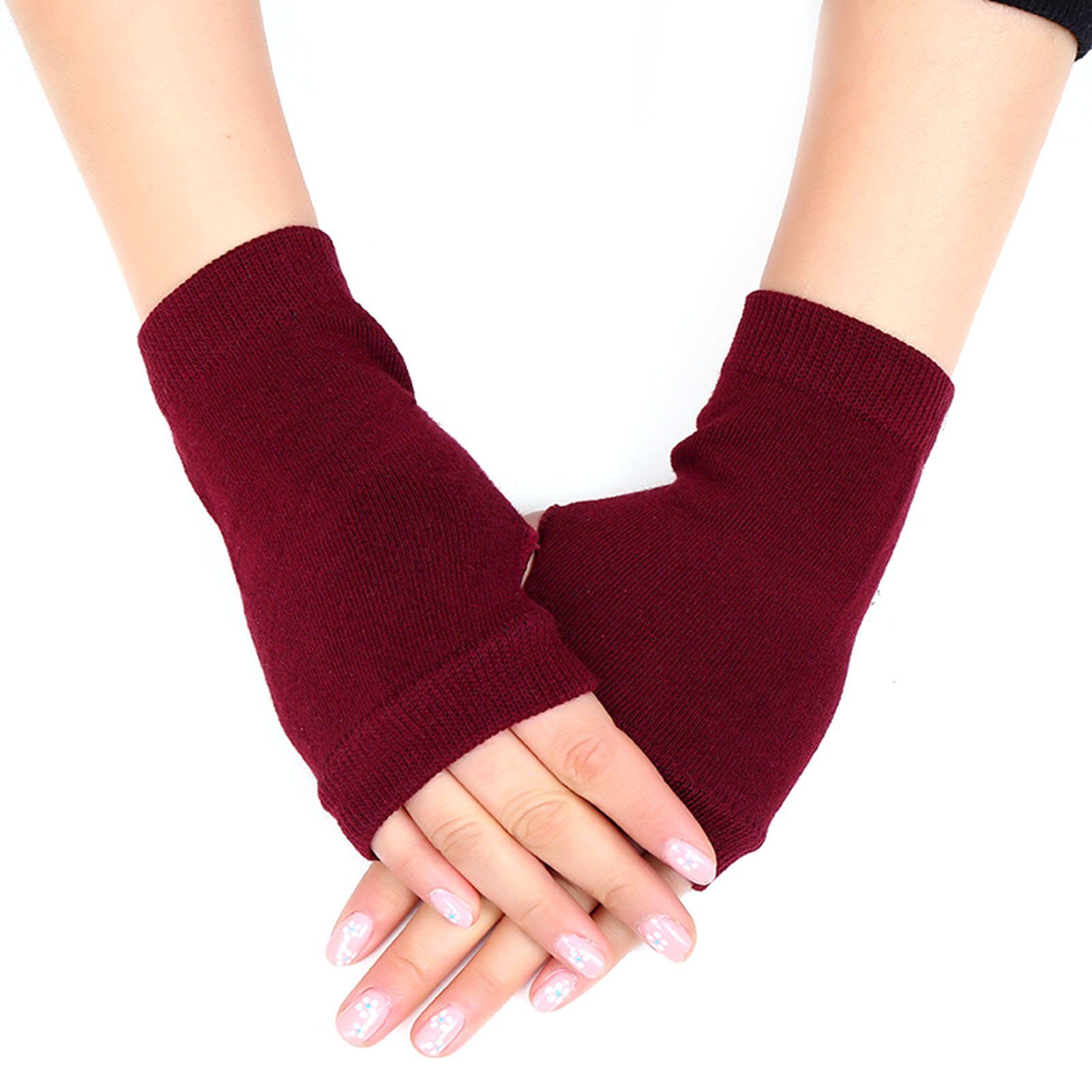 Blusmart Strickhandschuhe Halbfinger-Handschuhe, Fingerlose Handschuhe Strickhandschuhe Weinrot