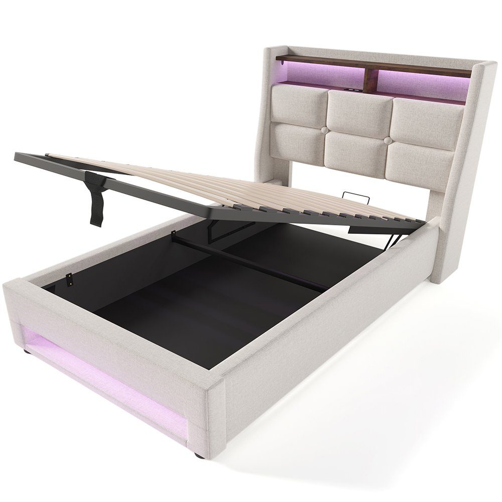 Polsterbett (Funktionsbett, 90x200 cm Hydraulisches Bett mit Lattenrost), Stauraumbett mit LED-Beleuchtung und USB-Anschluss, Baumwolle-Leinen
