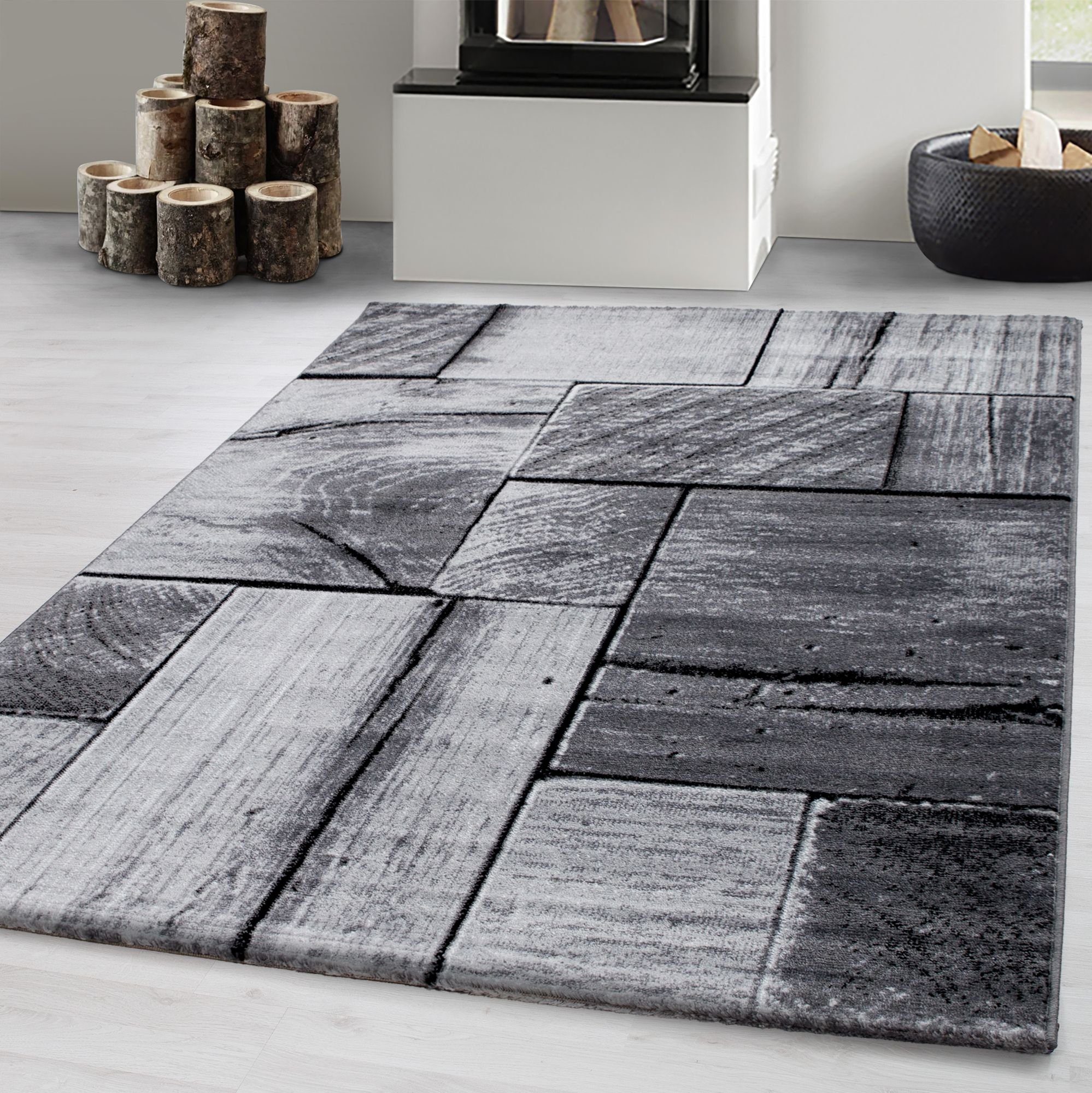 Holz größe Teppich Wohnzimmer Höhe: Schwarz mm, Optik 3D-Holzdesign, Modern Kurzflor Designteppich Läufer, 12 Carpetsale24, versch.