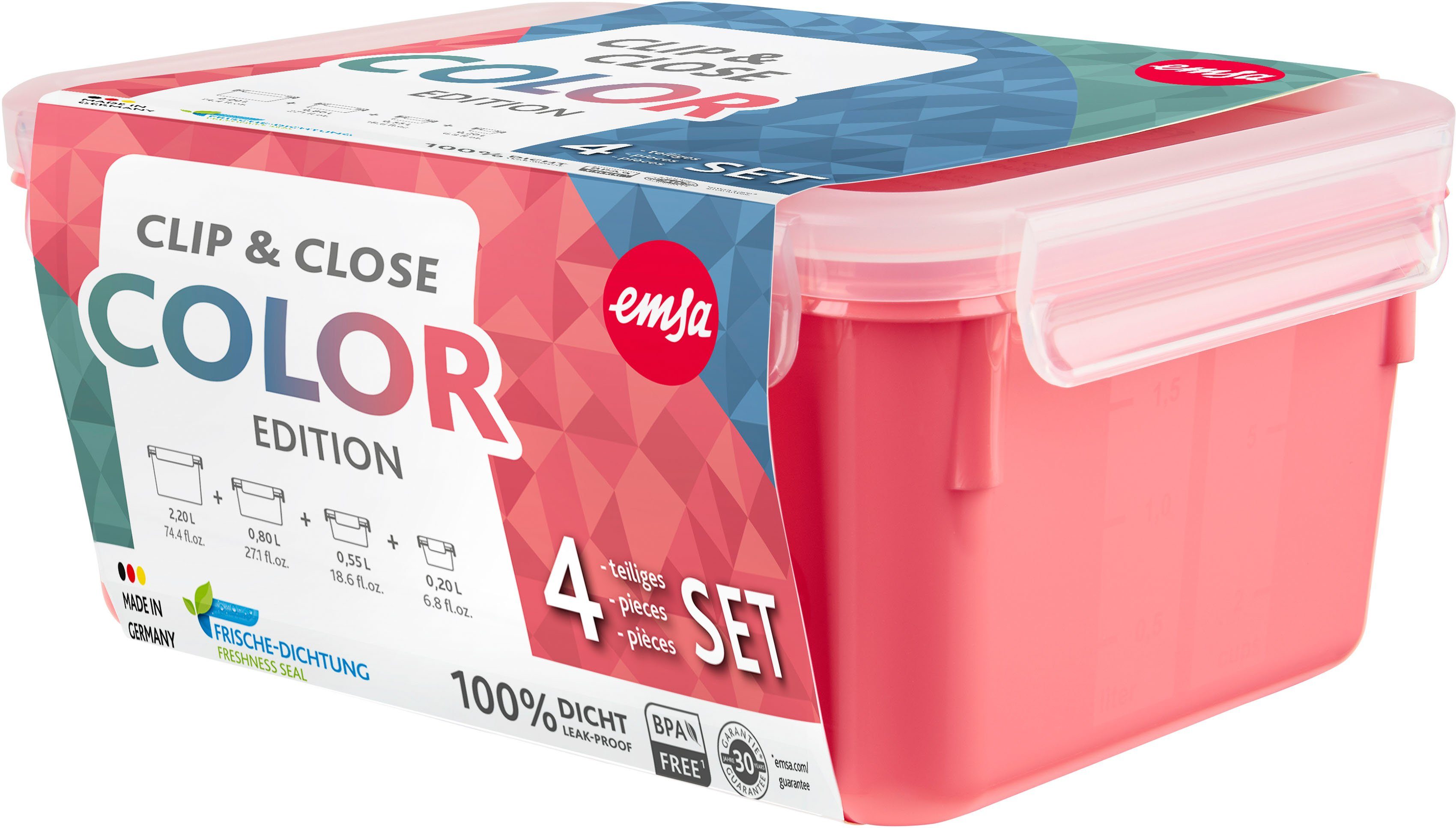 koralle Clip auslaufsicher, (Set, Close Edition, Emsa 4-tlg), innovativ Frischhaltedose Kunststoff, & Kunststoff, hygienisch, 0,2/0,55/0,8/2,2L, Color