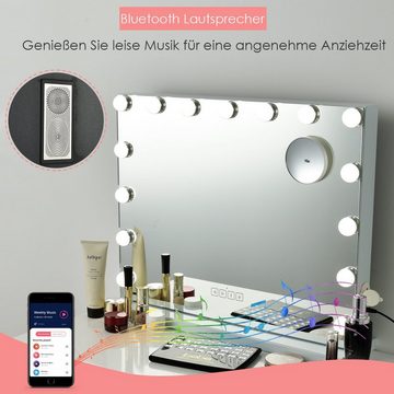 COSTWAY Schminkspiegel »Kosmetikspiegel«, mit 15 LED, 3 Lichtfarben, 58 x 48cm, mit Bluetooth & 10-Fach-Vergrößerungsglas