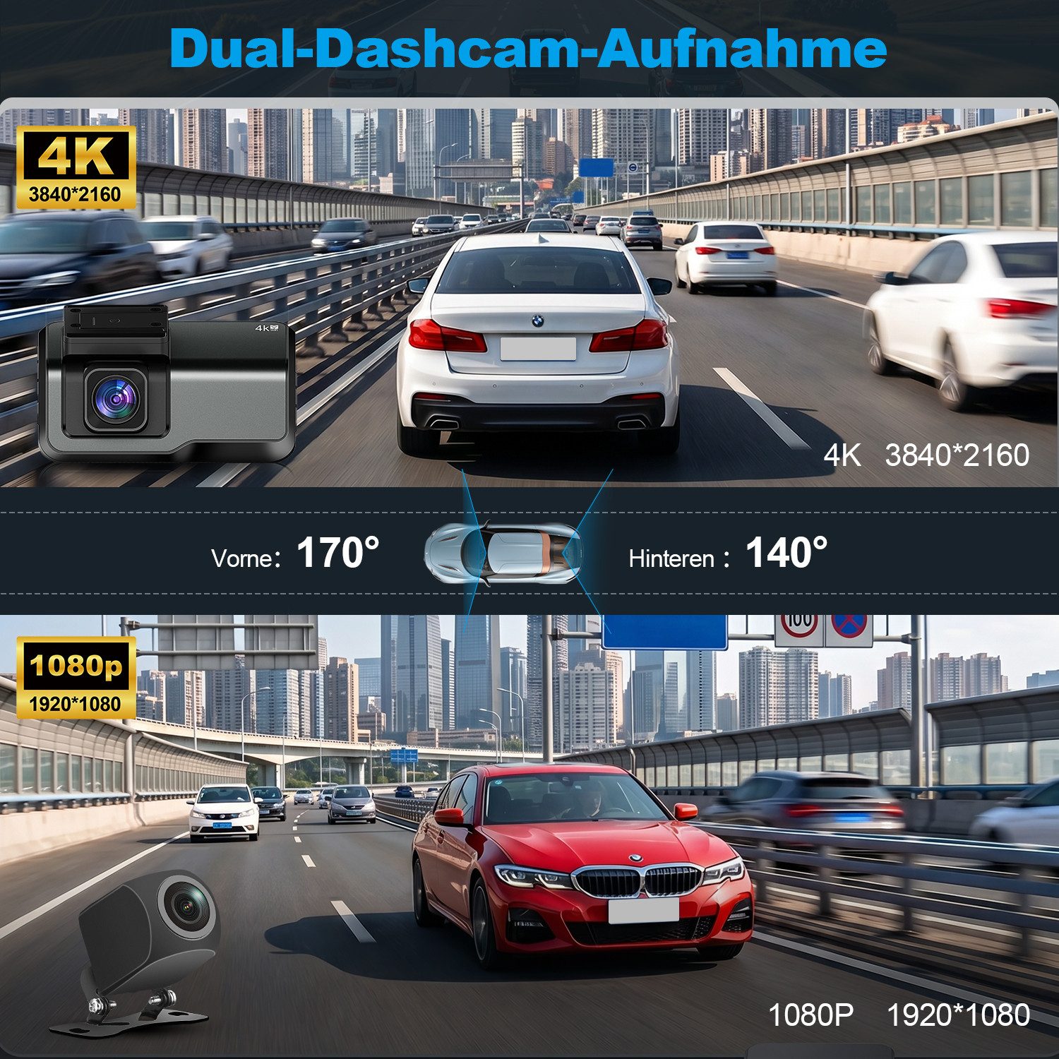 HS Onsing Dashcam Auto 4K 1080P 2-Kanal 170° Weitwinkel mit 32GB TF-Karte WDR Dashcam (4K Ultra HD, 3'' IPS-Bildschirm, mit Nachtsicht, G-Sensor, Loop-Aufnahme  – Bild 3 von 5