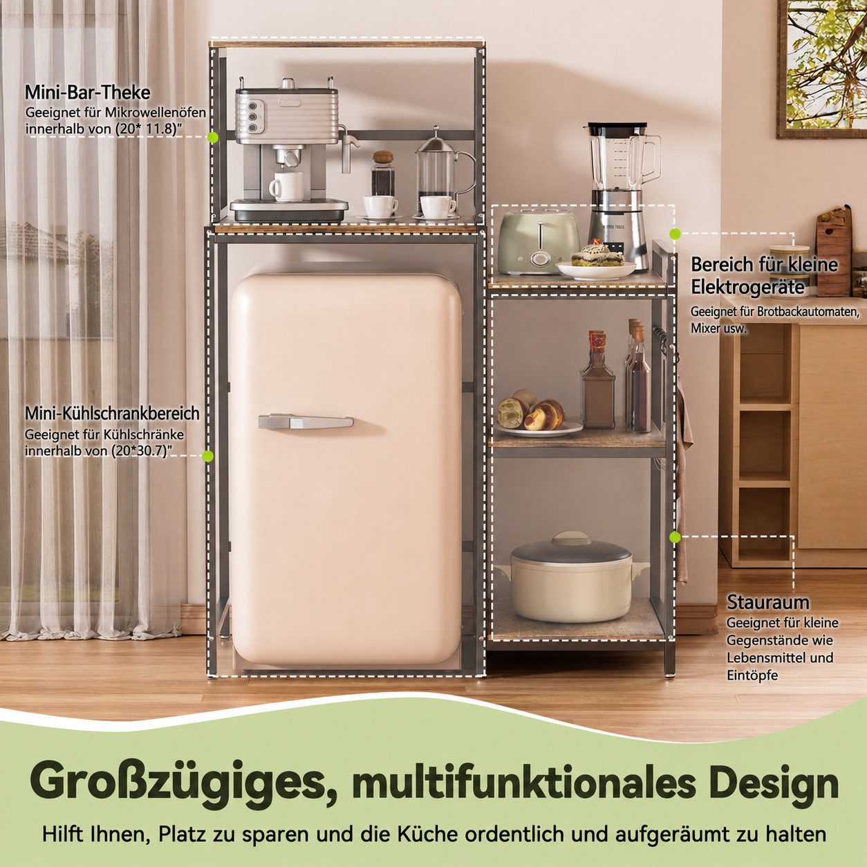 Rutaqian Standregal Mini Kühlschrank Regal, Mini Fridge Stand with Storage Microwave Stand, Kühlschrankregal 5 Ebenen, Over Fridge Storage aus Stahl und Holz