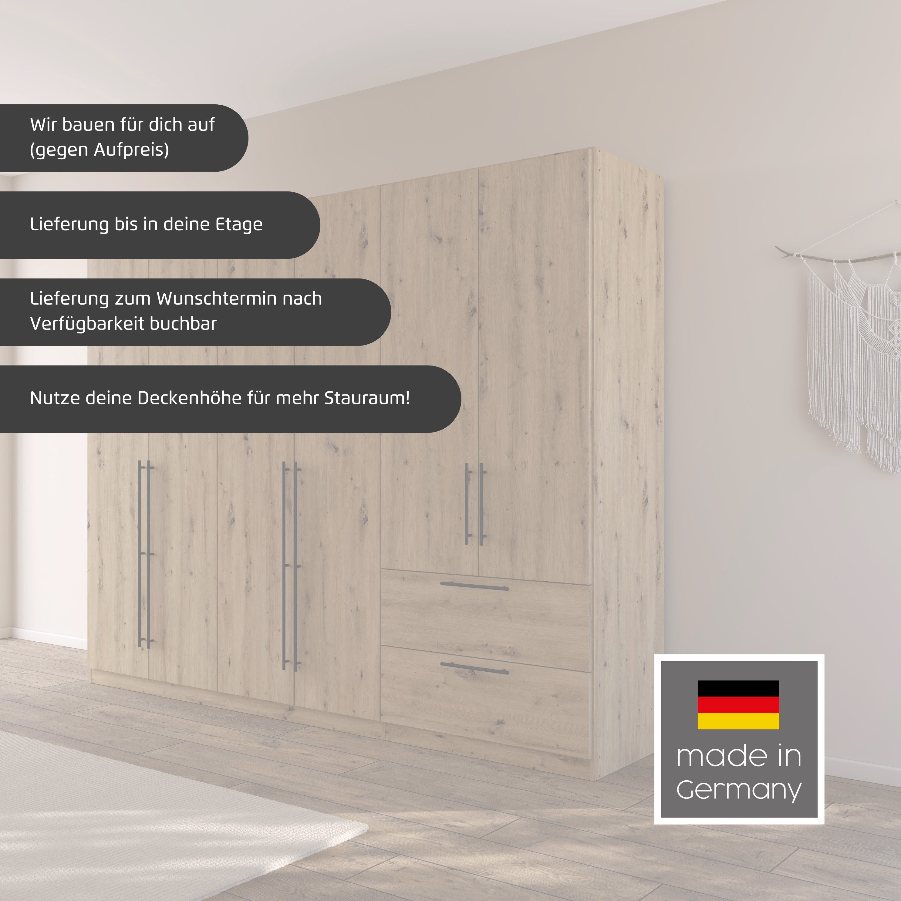 OTTO home Kleiderschrank Mehrzweckschrank Aktenschrank Möbel Mietswohnung Schlafzimmer AVOLA (3 verschiedene Ausstattungen BASIC/CLASSIC/PREMIUM (inkl. SOFT-CLOSE) mit hochwertigen Stangengriffen aus Metall in Schwarz MADE IN GERMANY
