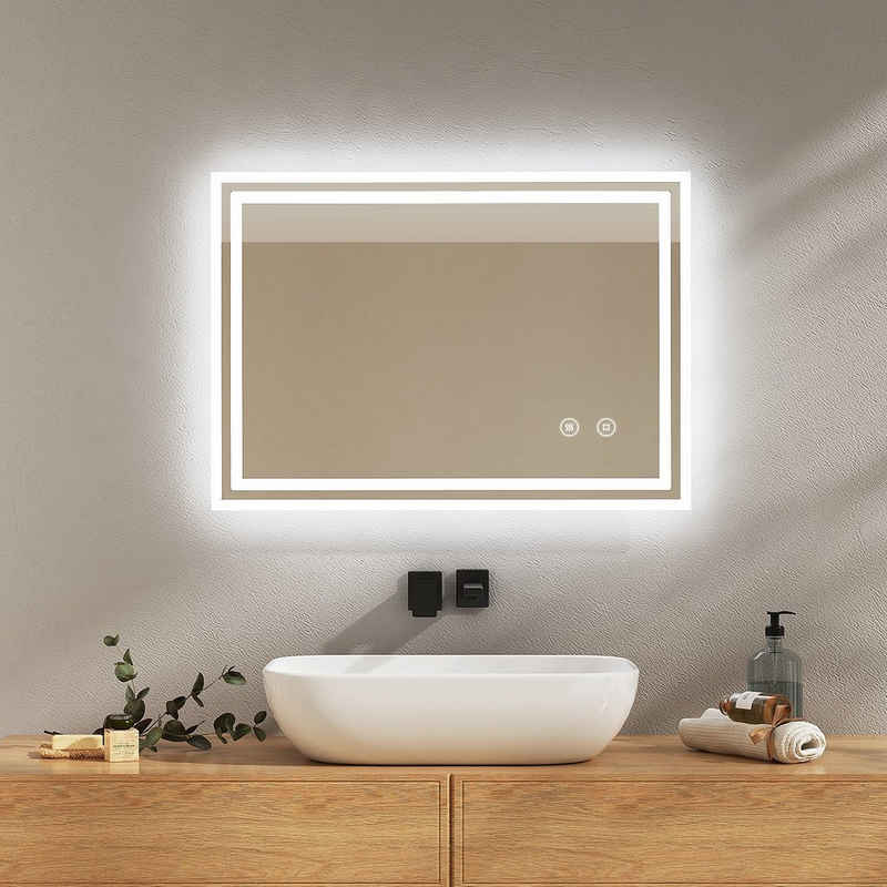 EMKE Badspiegel mit Touch 6500K LED-Beleuchtung eckig, Beschlagfrei, Horizontal&Vertical,in versch. Größen erhältlich