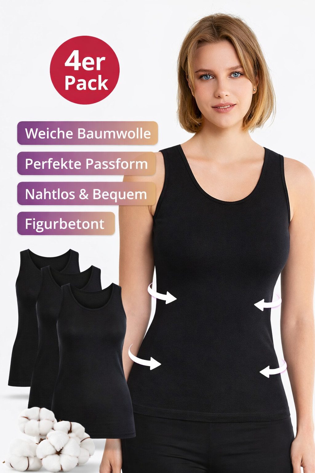 DDOnlineShop Unterhemd Damen Tanktop Baumwolle Schwarz – atmungsaktiv, elastisch (Spar-Set, 4-St., 4er Pack) Premium Qualität 2015 – Bild 4 von 5