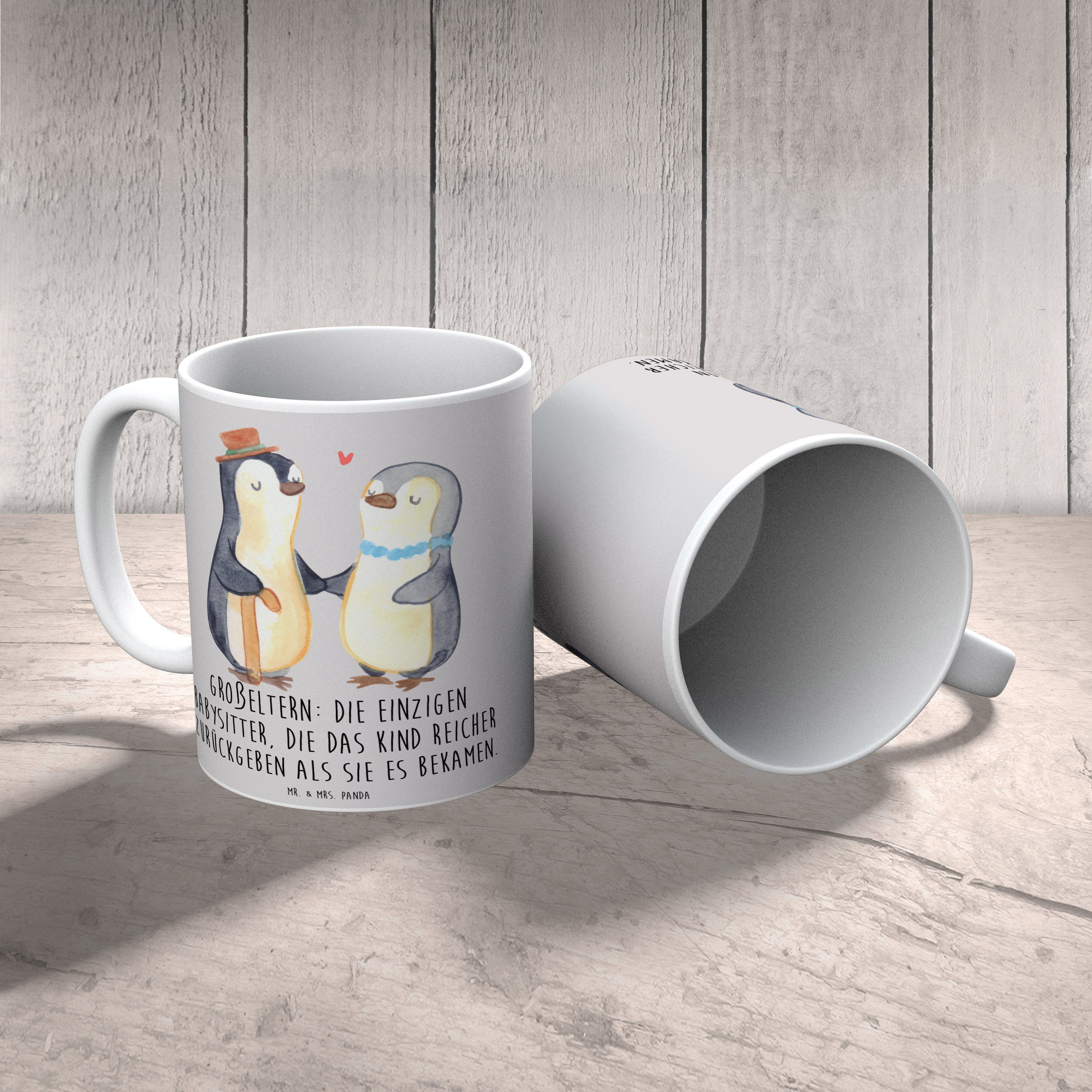 Mr. & Mrs. Panda Tasse Großeltern Babysitter, Teetasse, Grau Pastell, Geschenke, Lustige Spr, 1-tlg., Keramik