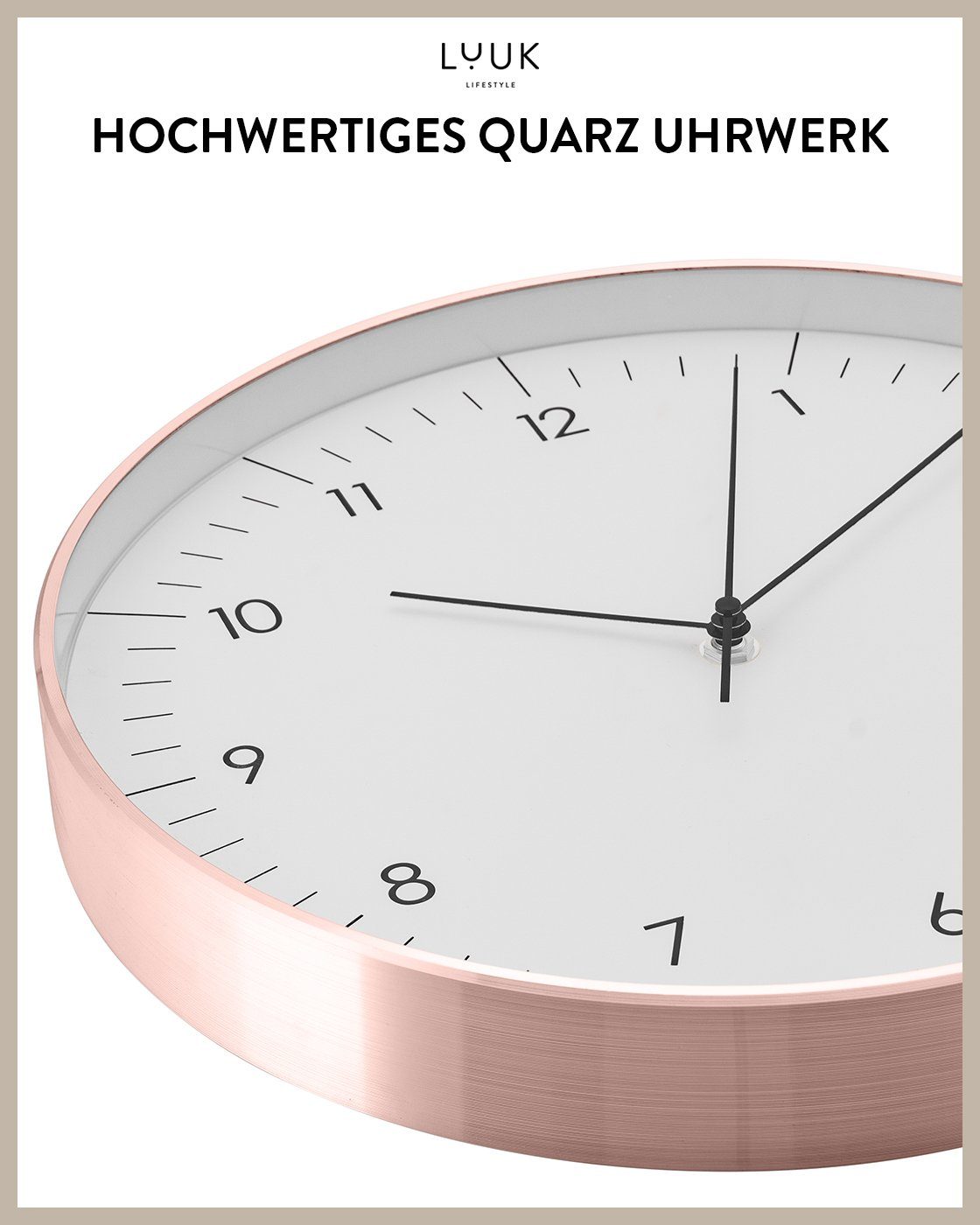 LUUK LIFESTYLE Wanduhr Helsinki (ohne Tickgeräusche, Quarzuhrwerk, große Ziffern, Sekundenzeiger)