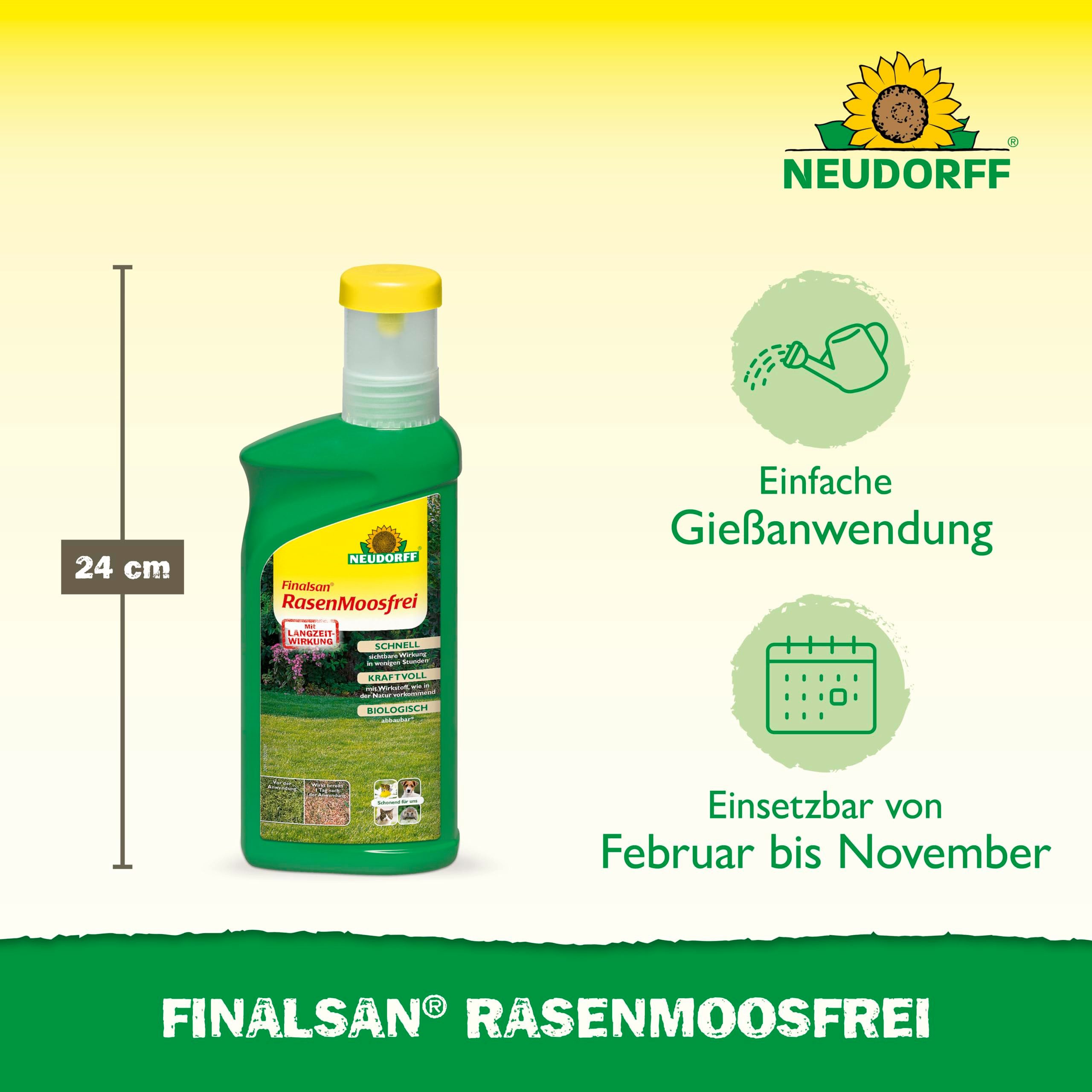 Neudorff Unkrautbekämpfungsmittel Finalsan RasenMoosfrei 500 ml Rasenmoosvernichter für 30 m², 500 ml, schonend für Haustiere, Bienen und Igel, ohne Eisen, monatelange Dauerwirkung, bekämpft effektiv und schonend Moos im Rasen