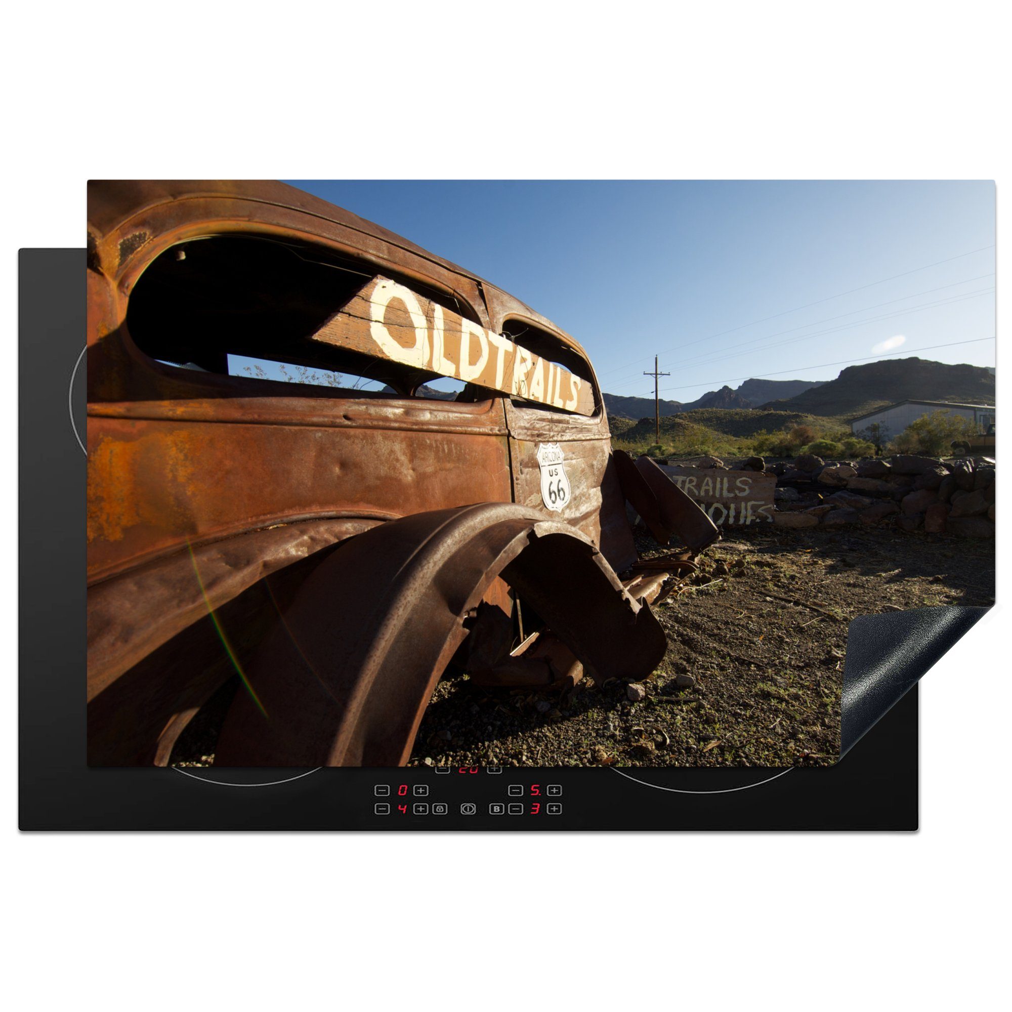 MuchoWow Herdblende-/Abdeckplatte Autowrack auf der Route 66, Vinyl, (1 tlg), 81x52 cm, Induktionskochfeld Schutz für die küche, Ceranfeldabdeckung | Herdabdeckplatten