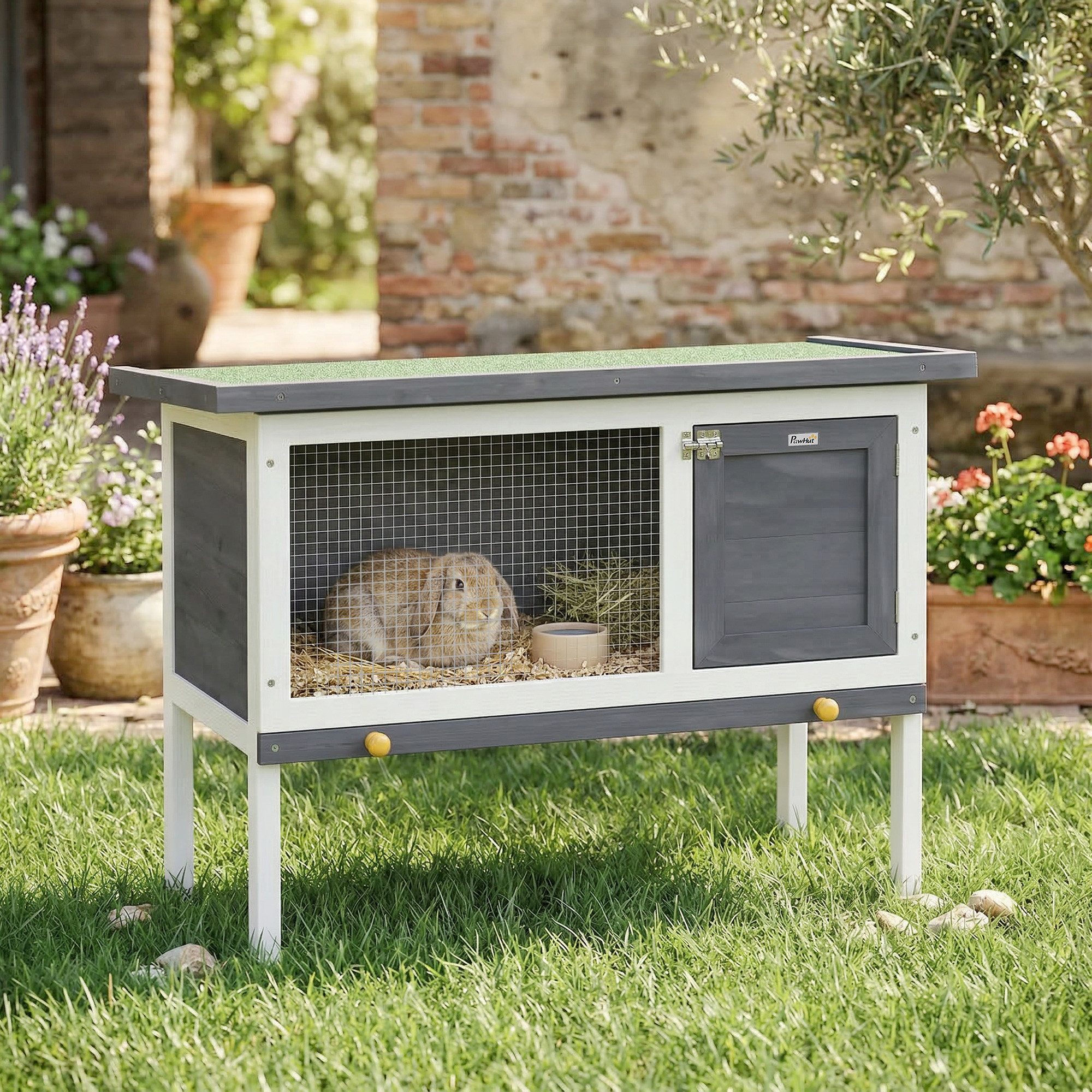 PawHut Kleintierstall erhöht Hasenstall mit aufklappbar Asphaltdach herausziehbar Schublade, aus Holz für Kleintiere Outdoor 90x45x65 cm Grau