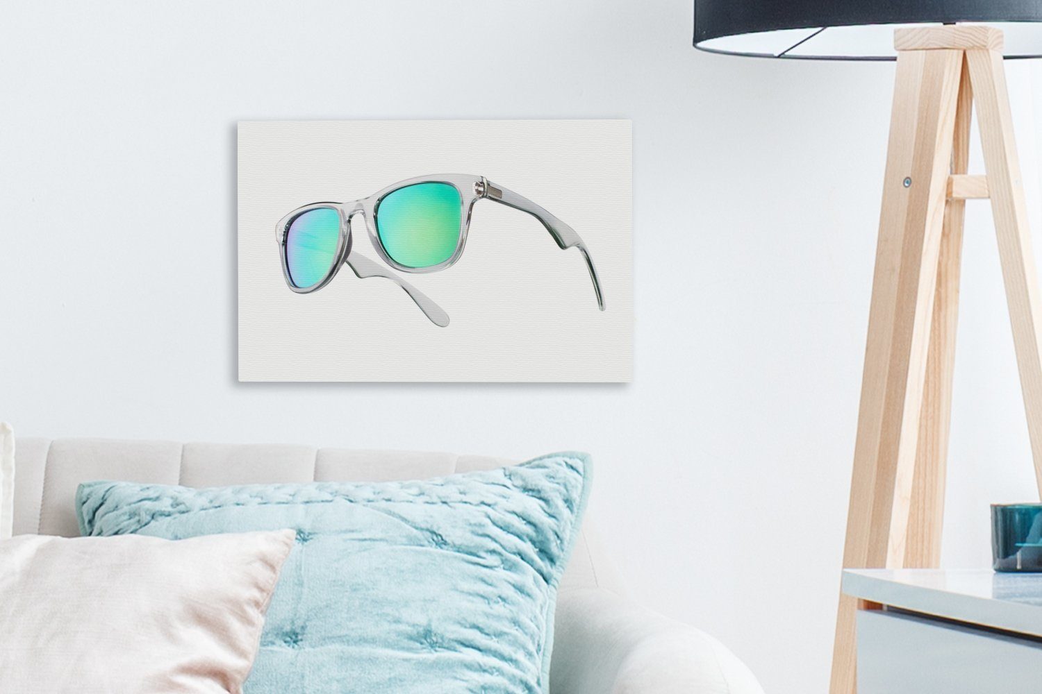 OneMillionCanvasses® Leinwandbild Sonnenbrille mit St), Leinwandbilder, Wanddeko, Wandbild 30x20 Gläsern., cm (1 grünen Aufhängefertig
