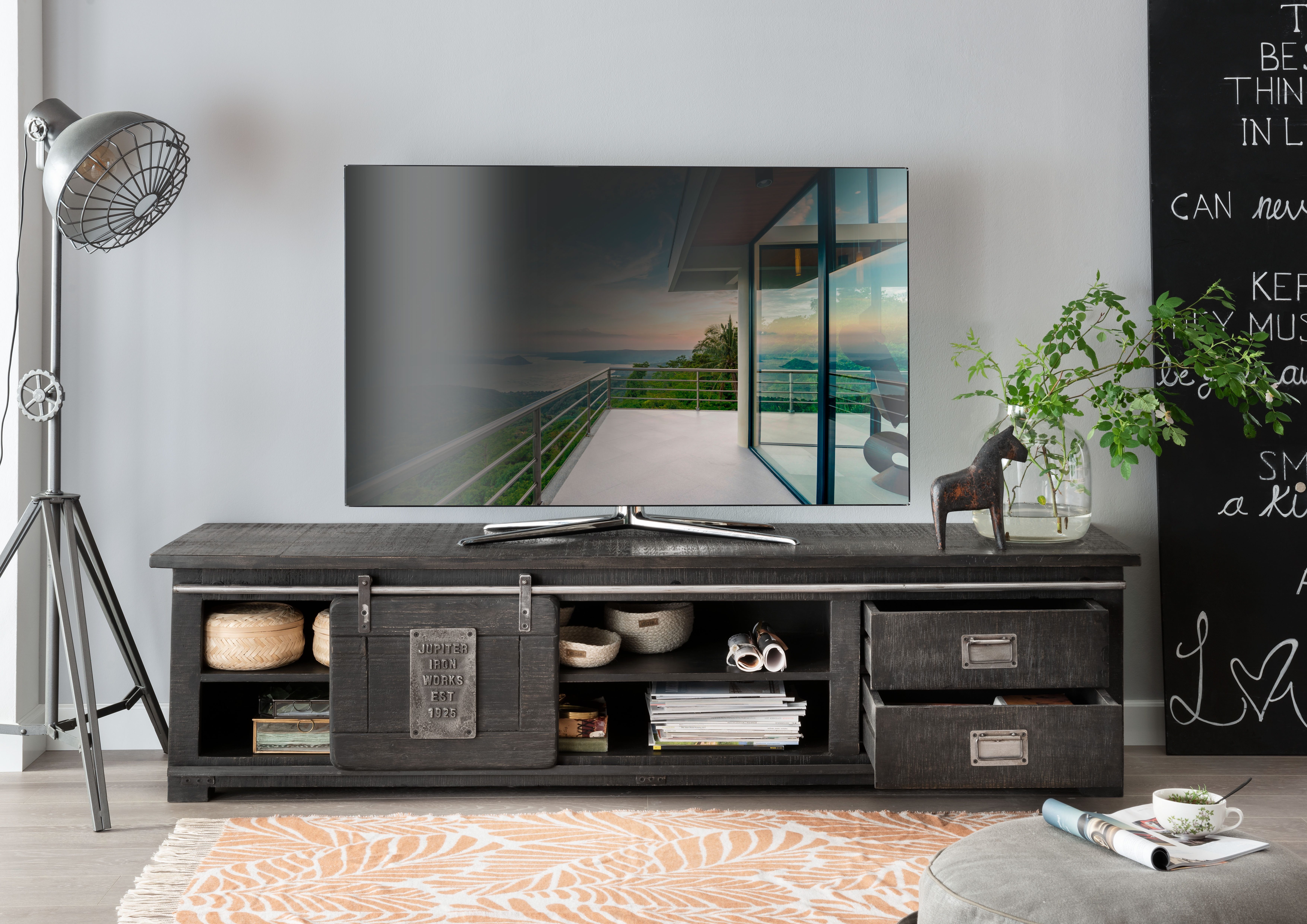 Woodroom Lowboard Pali (Mango massiv grau lackiert, 200x50x55 cm), Lowboard günstig online kaufen