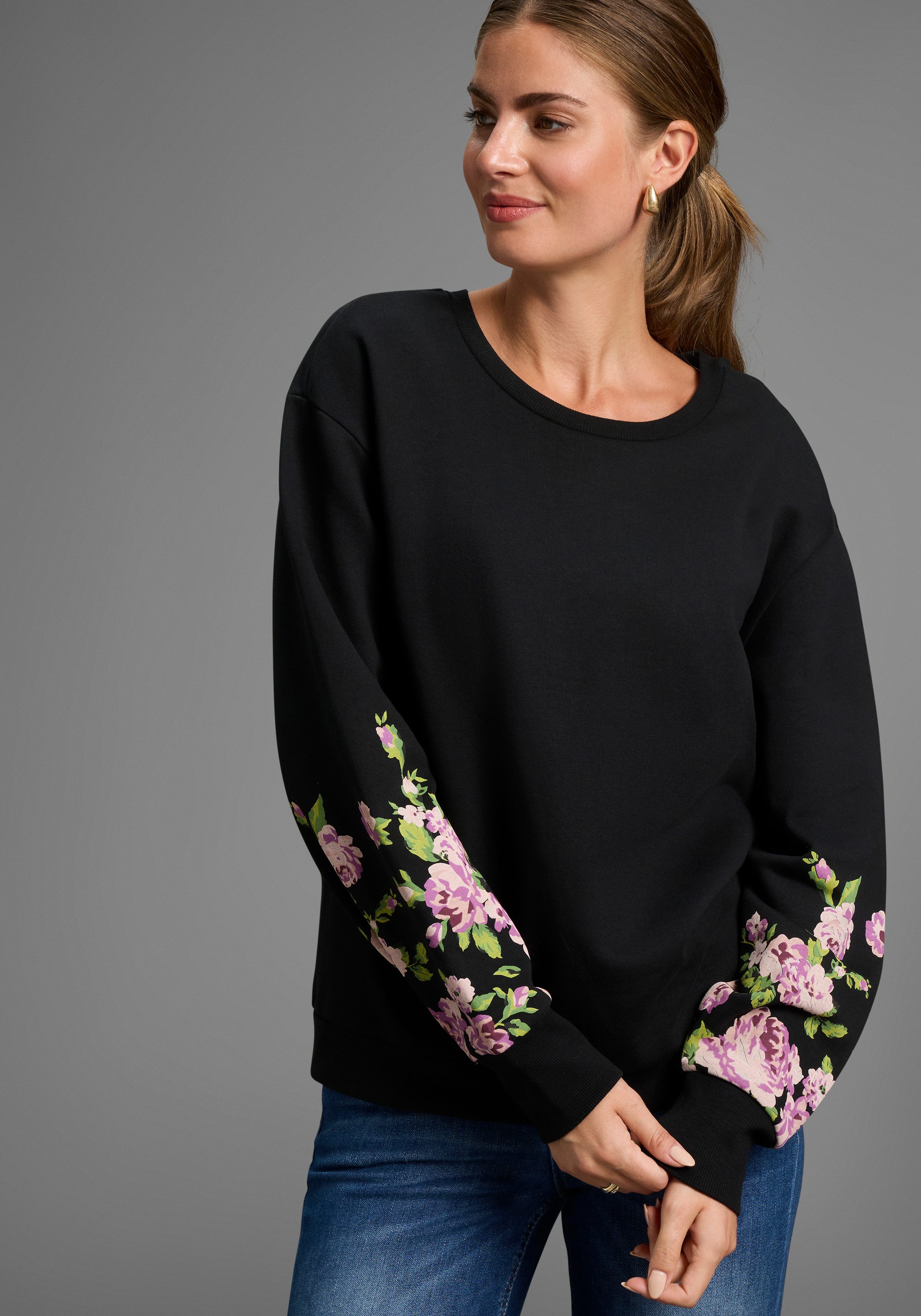 Laura Scott Sweater Weiche Baumwollmischung mit Blumenprint auf den Ärmeln günstig online kaufen