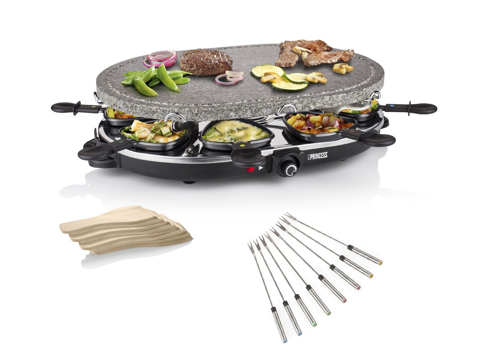 PRINCESS Раклетници, 8 Раклетнициpfännchen, Großer Tischgrill für 2-8 Personen, Raclet Gerät mit Steinplatte