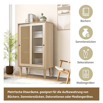 EXTSUD Sideboard 100 cm hohes holzfarbenes Sideboard mit Schiebetüren aus Glas