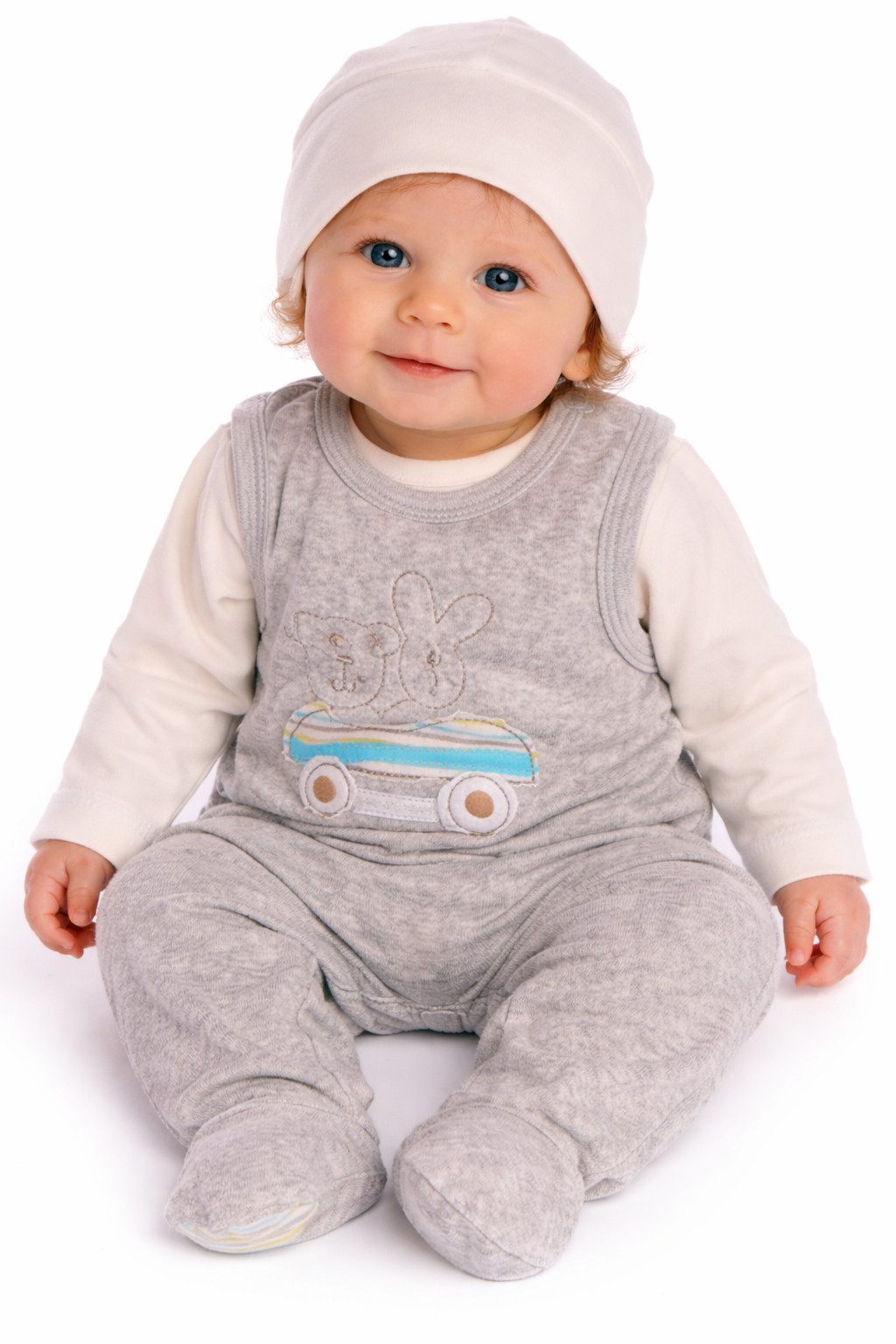 La Bortini Strampler Baby Strampler Langarmshirt Mütze Set in Grau Creme neutral kuschelig weich, warm 56 62 68 74 80