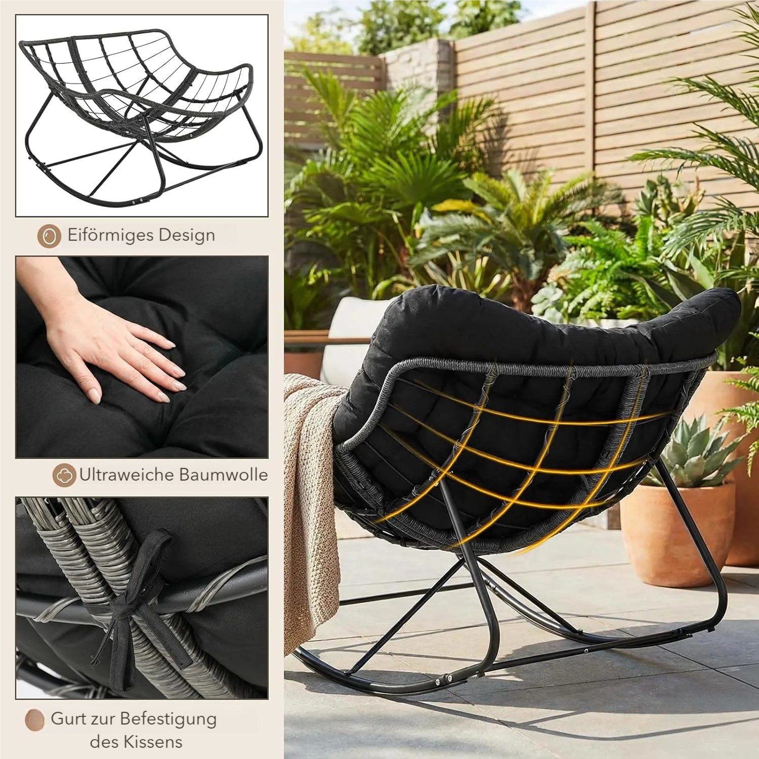 TLGREEN Schaukelstuhl Eiförmiger Rattanschaukelstuhl mit Fußhocker-Set, (Schaukelsessel Oversized, wetterfeste, mit dickem Abnehmbar Polster), Belastung von 150kg, Loungesessel für Garten Balkon Wohnzimmer