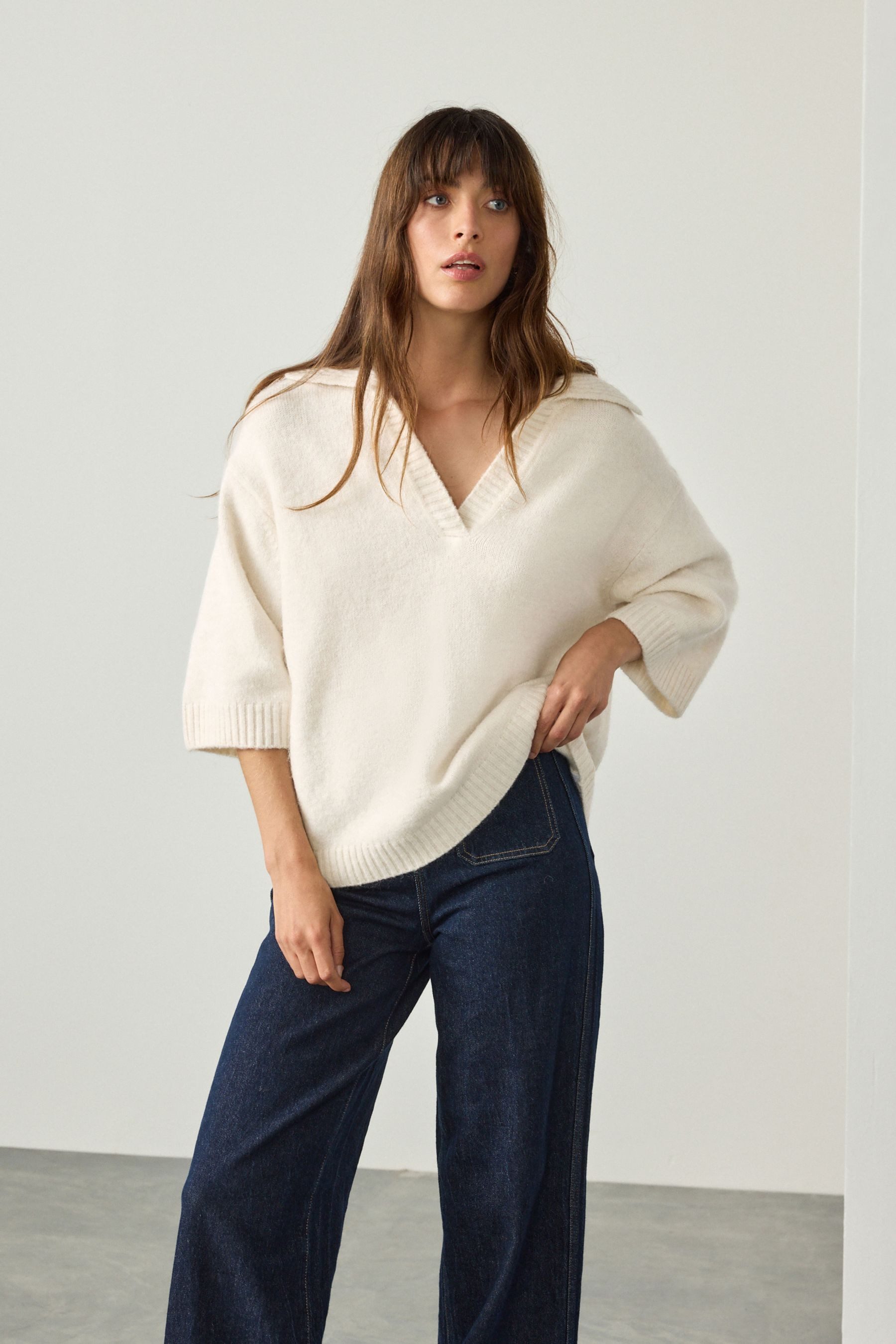 Next Polokragenpullover Polopullover, offener Kragen + halblange Ärmeln (1-tlg)