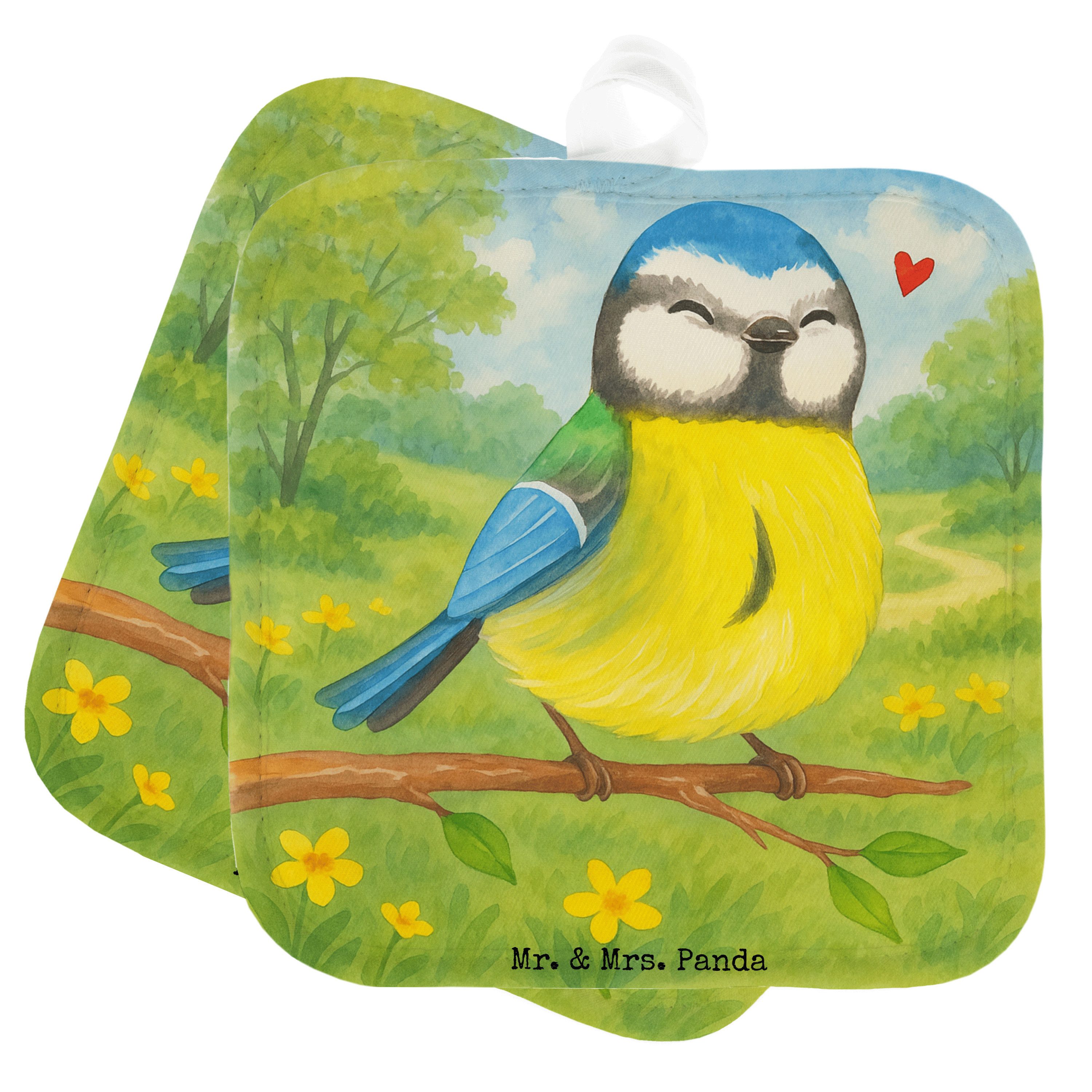 Mr. & Mrs. Panda Topflappen Vogel Blaumeise Design, Topflappen, Weiß, Frühling, Topfuntersetzer, (Packung), 2er Set Topflappen Kochlappen Topflappen 2er Set
