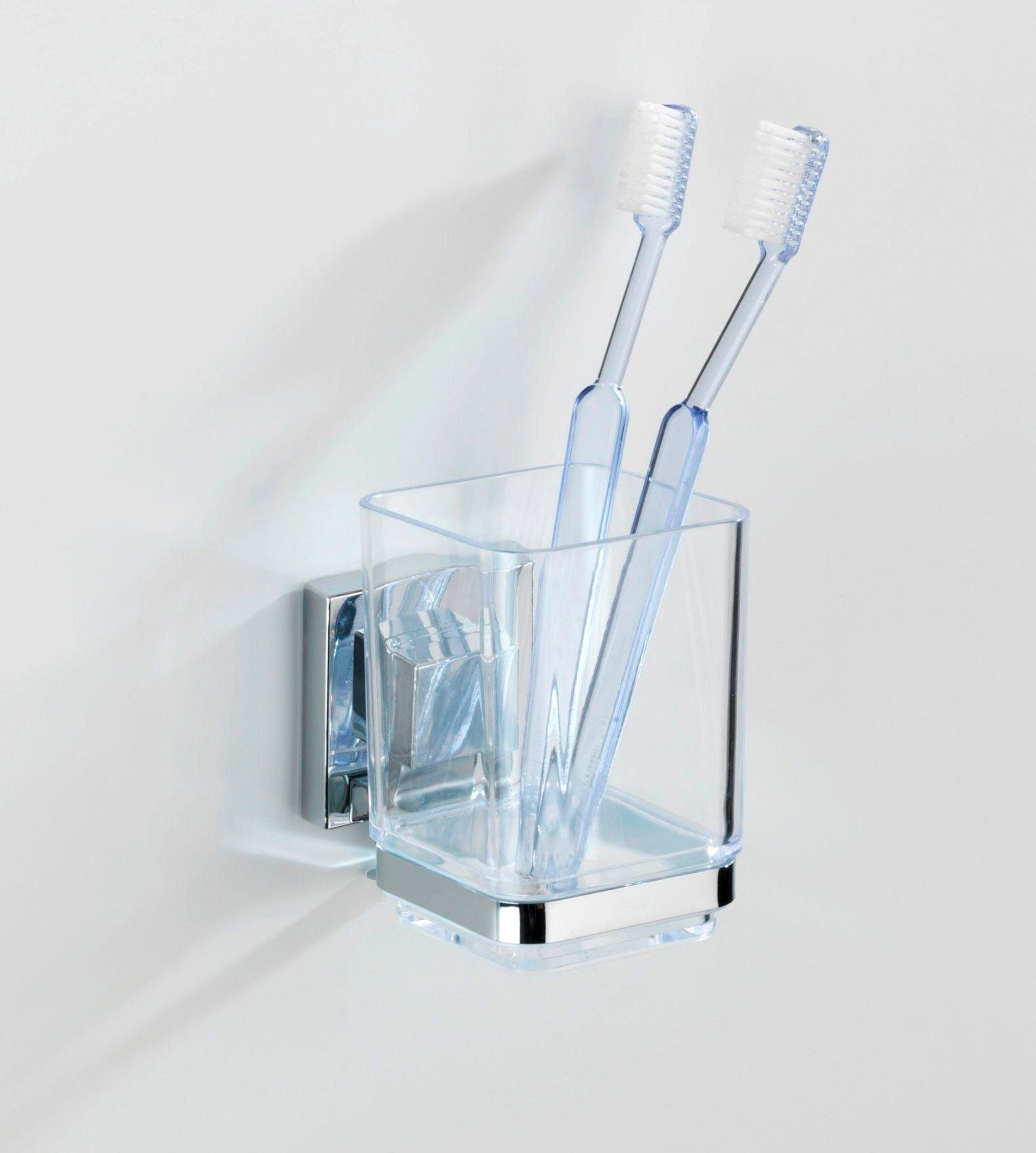 WENKO Zahnputzbecher Vacuum-Loc® Modell Quadro, mit Wandhalterung ohne Bohren, Edelstahl und Kunststoff