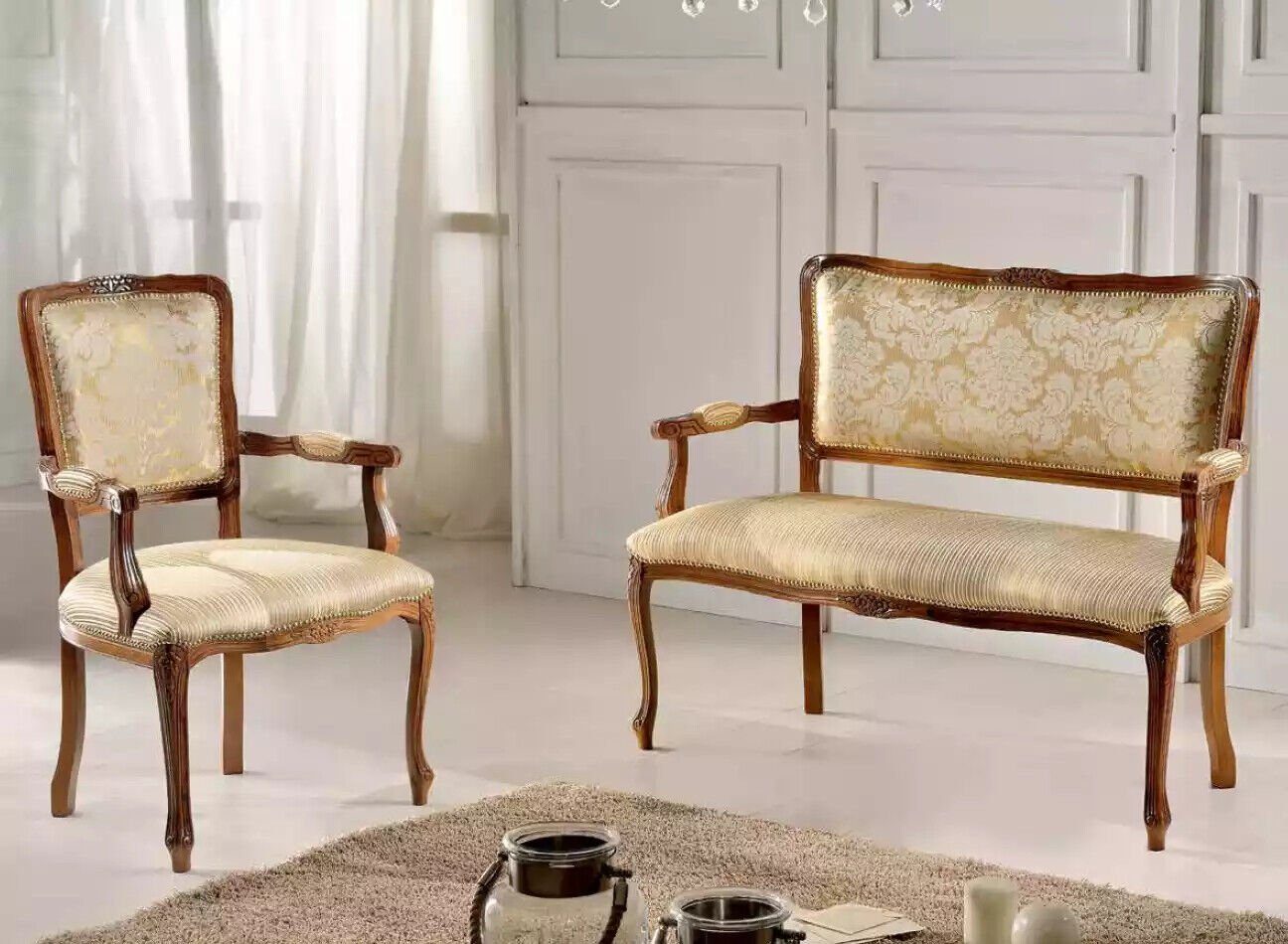 JVmoebel Sitzbank Textil Sitzgarnitur Klassische Armlehnen), in Luxus Italy Sitzgruppe mit (2-St., Made Sitzbank Stühle Sitzbank, Stuhl