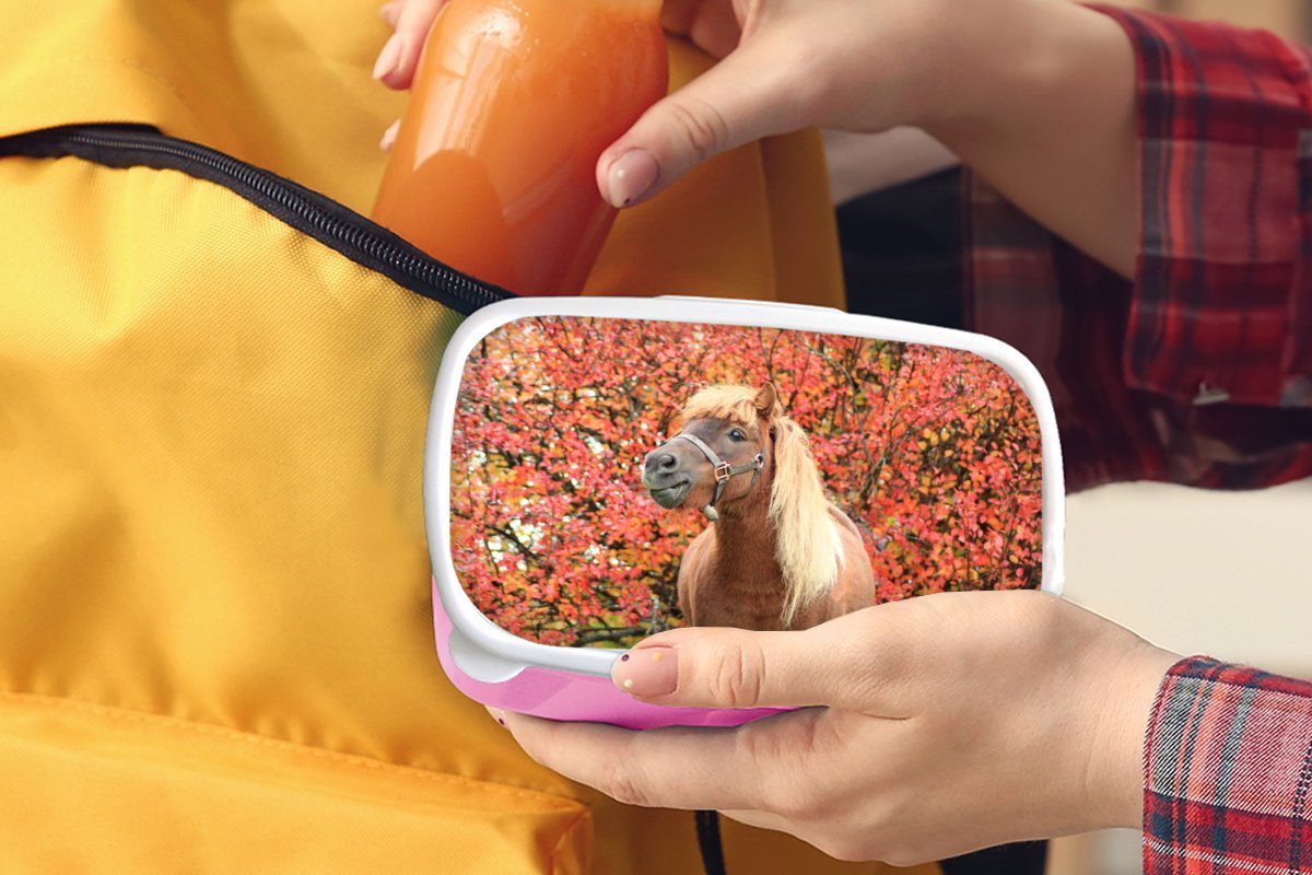 MuchoWow Lunchbox Pferd Erwachsene, - Brotdose Pony (2-tlg), Brotbox Herbstblätter, Snackbox, Kinder, Kunststoff, - für Kunststoff Mädchen, rosa