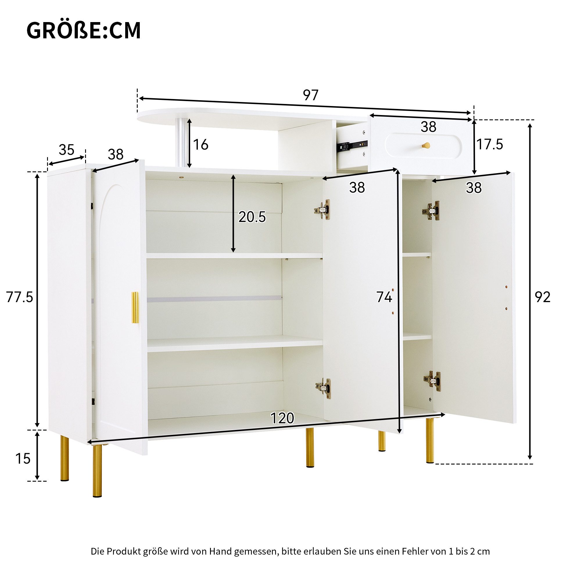Flieks Kommode mit 1 Schublade und 3 Türen (B120/T35/H92 cm, 1 St., für Flur, Wohnzimmer, Schlafzimmer), Sideboard Schuhschrank Mehrzweckschrank mit verstellbare Einlegeböden
