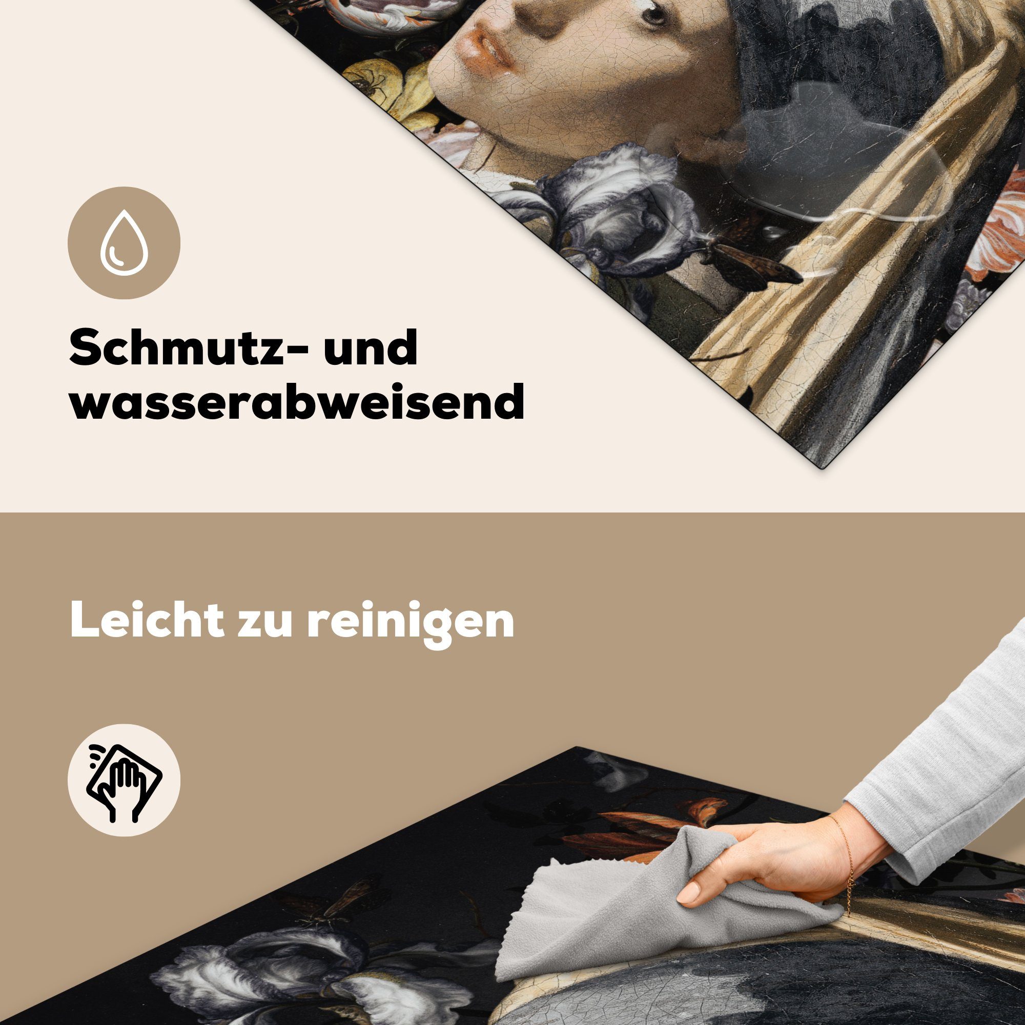 Herdblende-/Abdeckplatte Arbeitsplatte küche Ceranfeldabdeckung, für Vermeer, (1 cm, - Blumen 78x78 MuchoWow Vinyl, Gemälde tlg), -