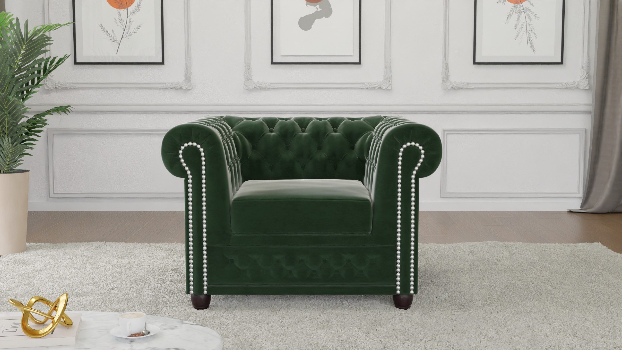 S-Style Möbel Chesterfield-Sessel Lena aus Samt-Stoff mit Holzfüßen (Chesterfield Sessel), mit Wellenfederung