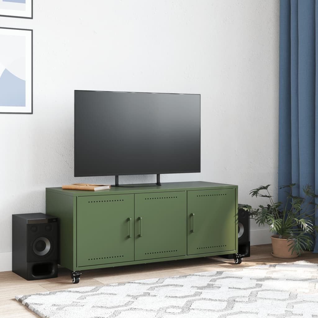 furnicato TV-Schrank Olivgrün 100,5 x 39 x 43,5 cm aus Kaltgewalztem Stahl (1-St) Stabiler Medienschrank mit 3 Türen, Rollen und viel Stauraum