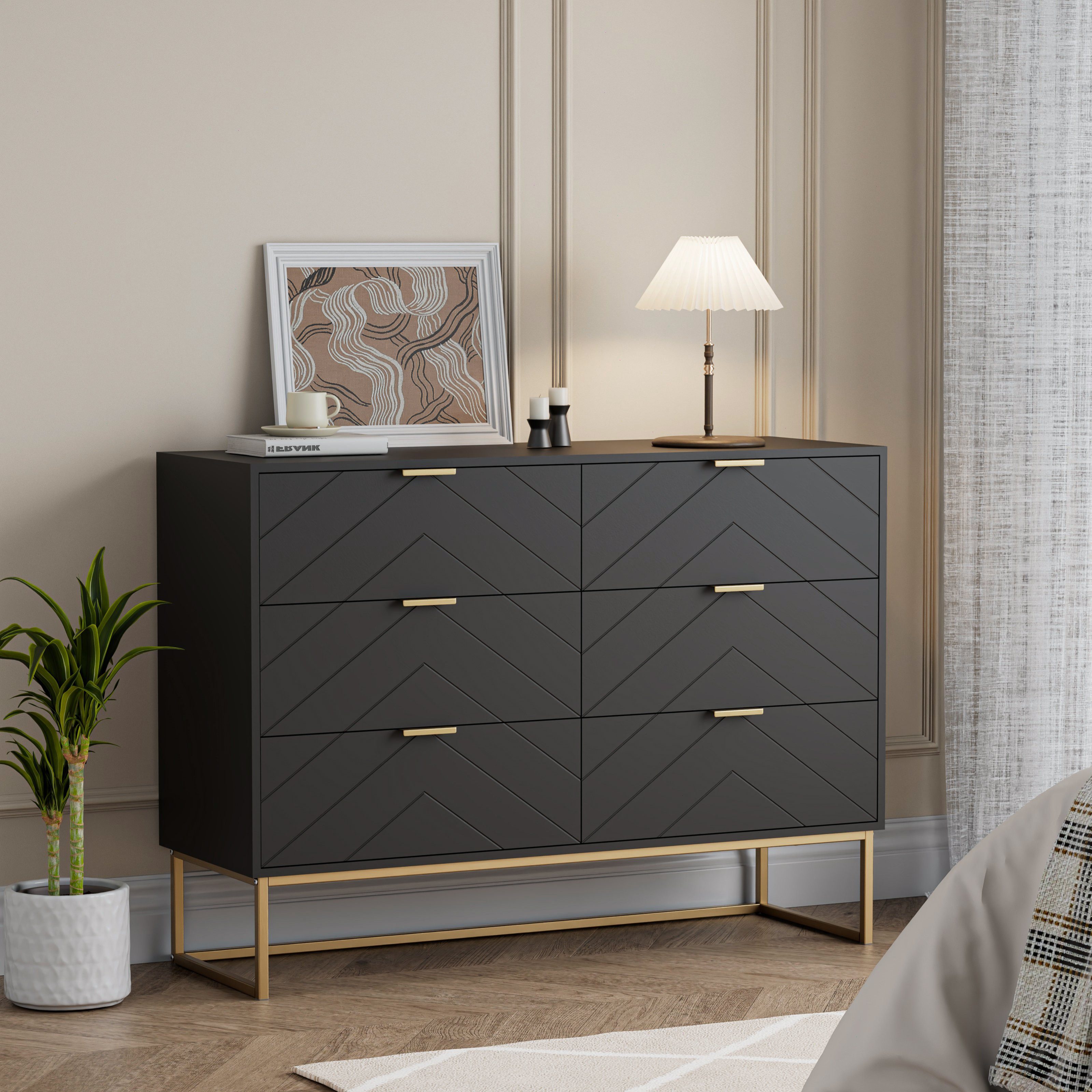 UEV Sideboard mit 6 Schubladen, Highboard Mehrzweckschrank mit Kisppschutz (für Wohnzimmer Schlafzimmer Büro Flur, 100x34x73,5cm), Küchenschrank Buffet TV Board Schrank mit Füße Aufbewahrungsschrank
