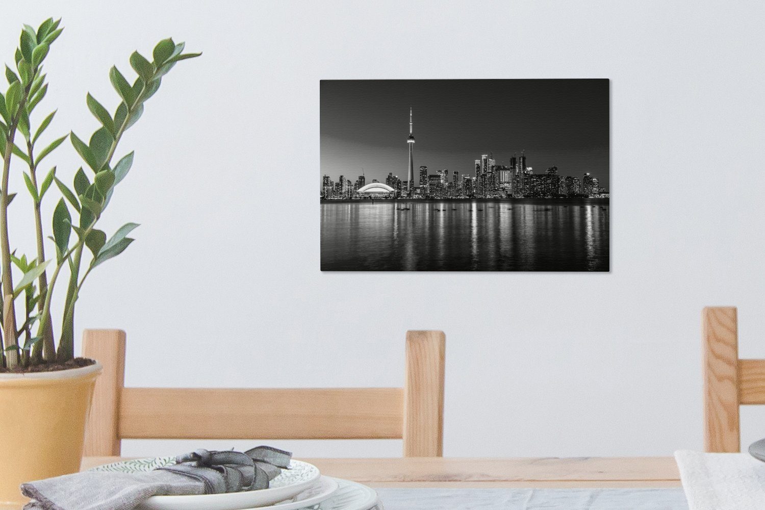 OneMillionCanvasses® Leinwandbild Skyline von 30x20 Aufhängefertig, und St), (1 Wanddeko, mit Leinwandbilder, der cm weiß, Reflexion schwarz in Nacht Wandbild Toronto 