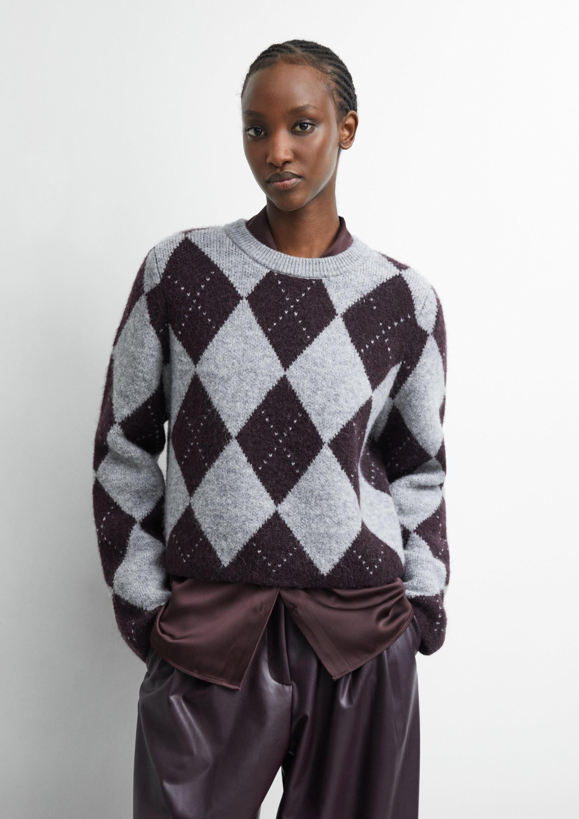 comma Longpullover Strickpullover Verkürzter Argyle-Pullover mit Alpakawolle