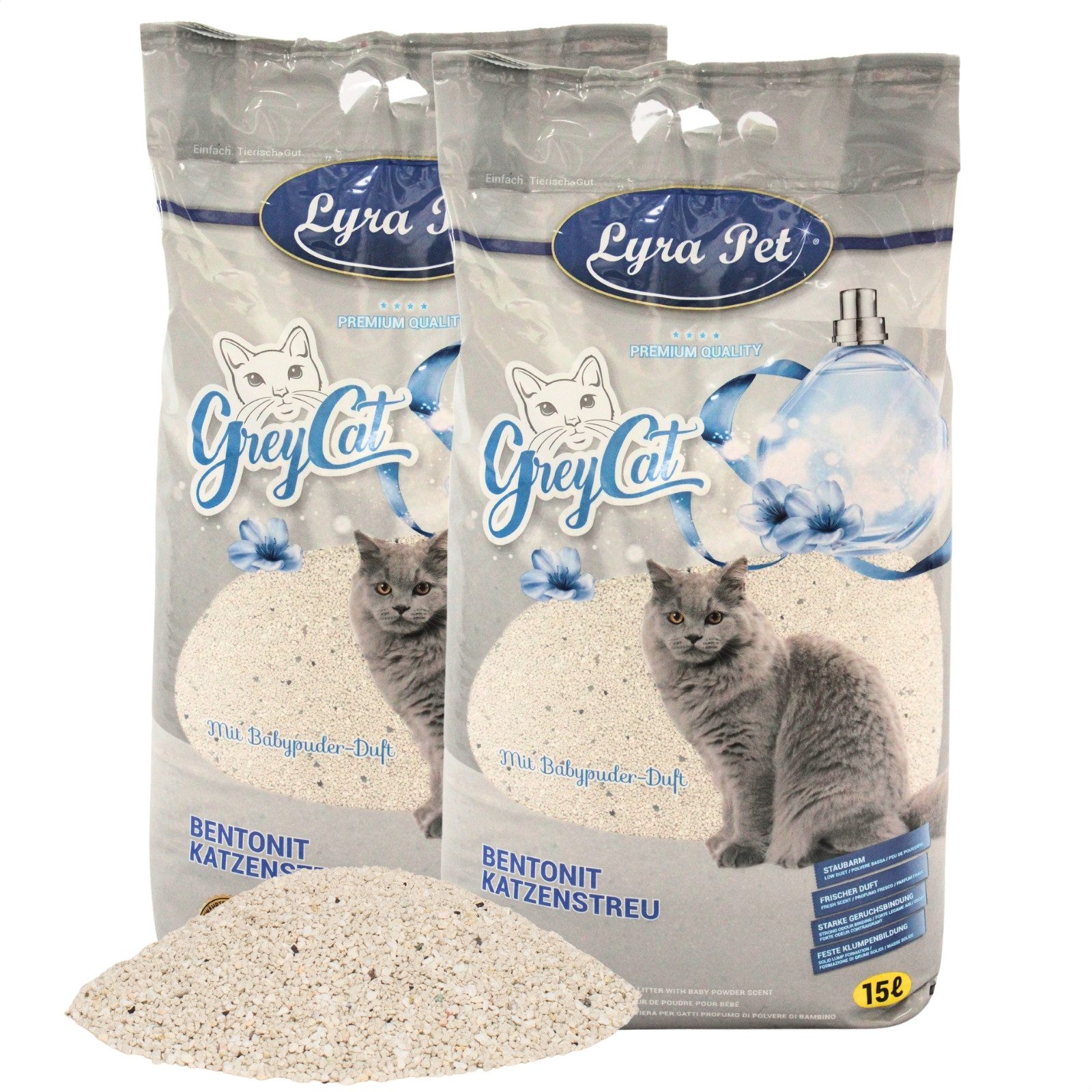 Lyra Pet Katzenstreu 2 x 15 Liter Lyra Pet® GreyCat® Katzenstreu Bentonit mit Aktivkohle, mit Aktivkohle, klumpend, staubfrei