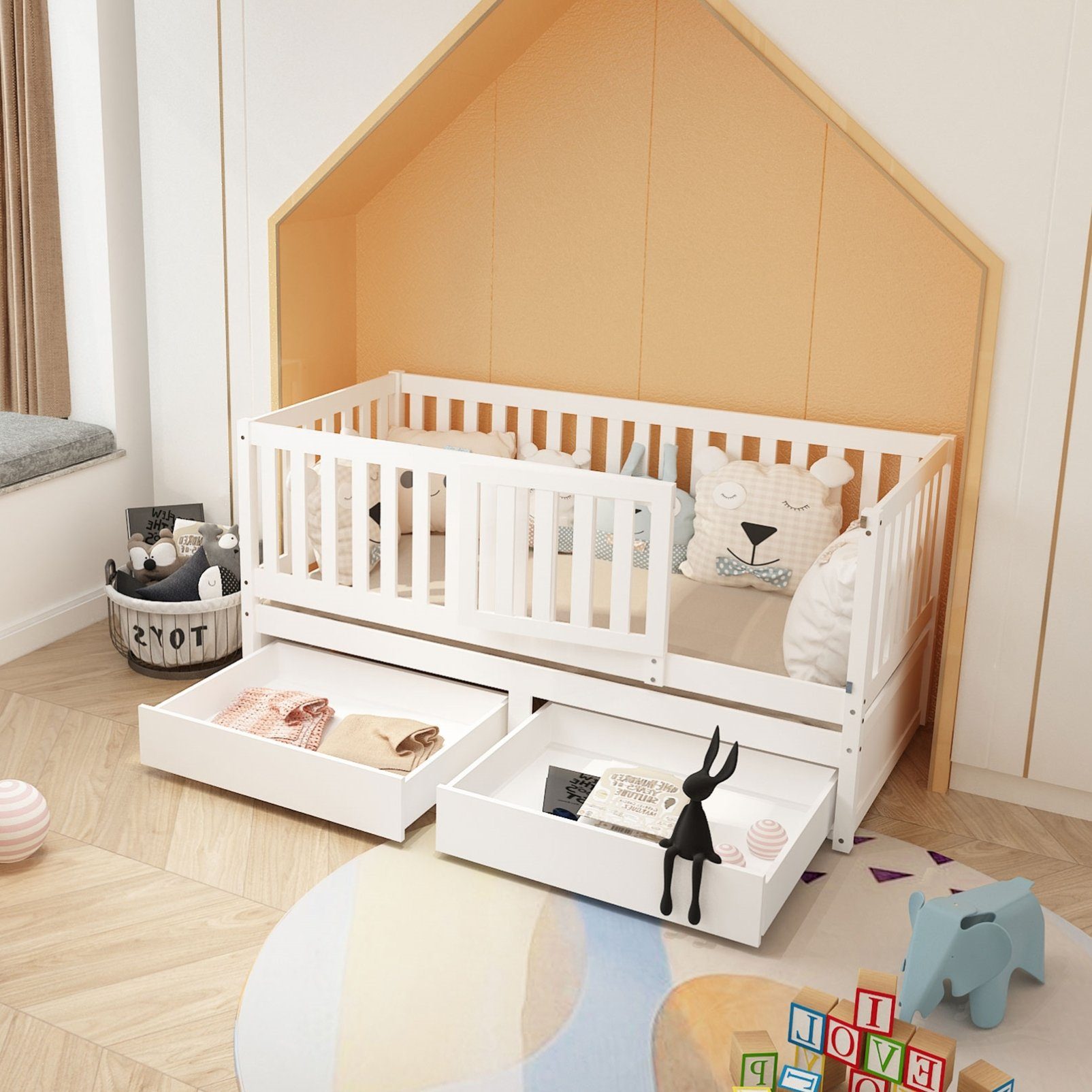 WISHDOR Babybett Baby Bett Kinderbett Jugendbett Holzbett Massivholzbett Bettgitter, 2-tlg., ohne Matratze mit Vollabtrennung Rausfallschutz 90x200 cm Massivholz