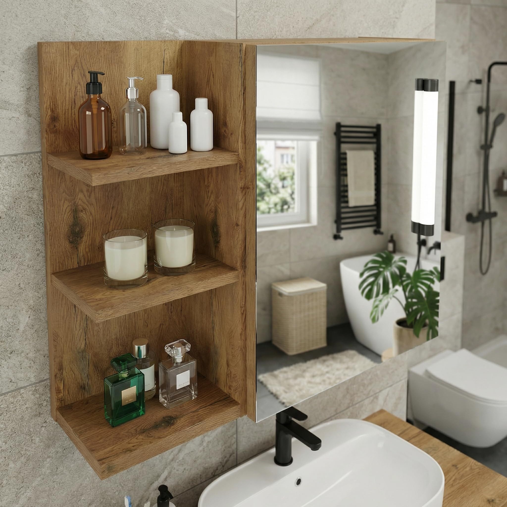 TREND WERK Spiegelschrank Badezimmer mit Ablage & Stauraum (59×16×50 cm Hängender Badezimmerschrank zur Wandmontage mit Regal) – modern & pflegeleicht – Bild 4 von 5