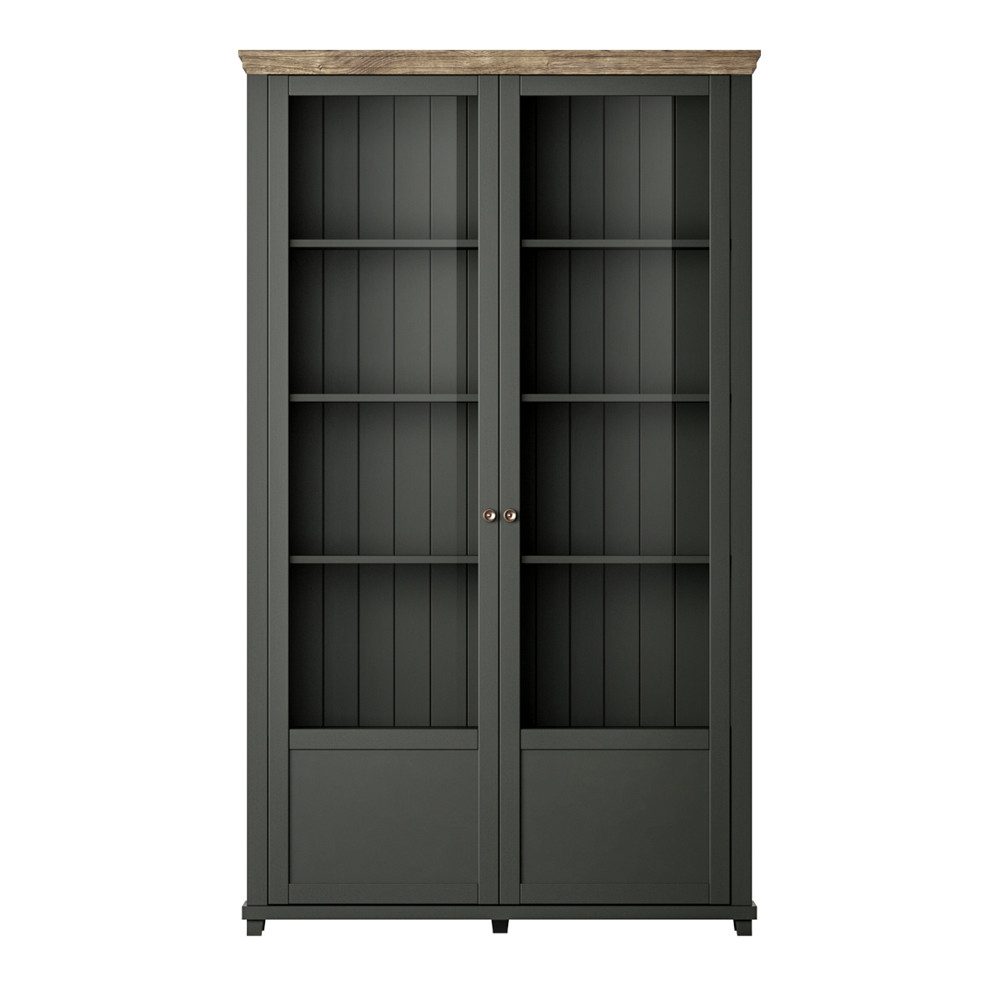 Lomadox Vitrine EPSOM-83 grün Landhaus mit Lefkas Eiche Nb. Knopfgriffe Messing 126/200/42 cm