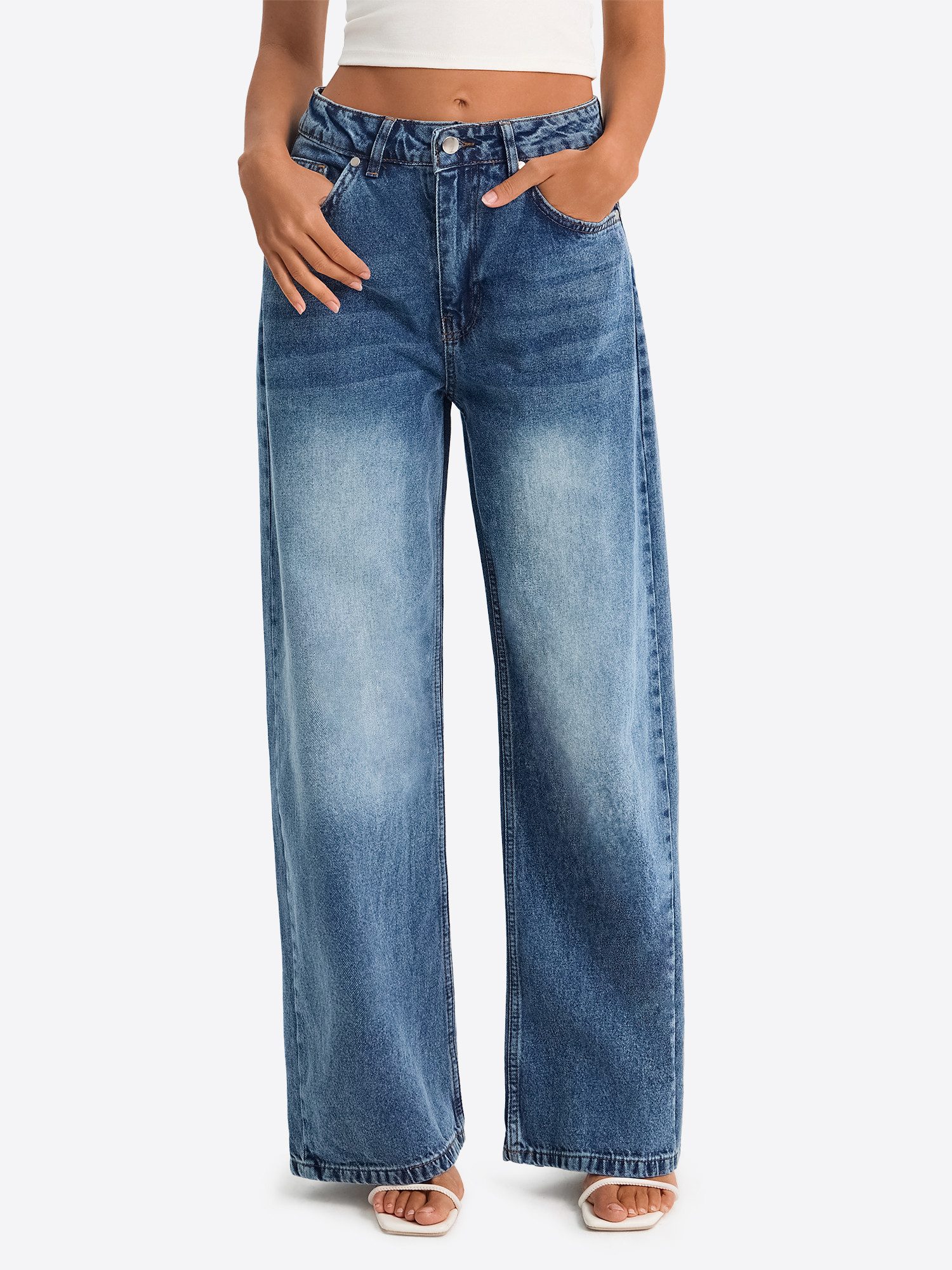 Imily Bela Boyfriend-Jeans Damen High-Waist Wide Leg aus Baumwolle Denim (Packung, 1-tlg., 1per-Pack) 4-Pocket Style in Unifarbe mit Waschung